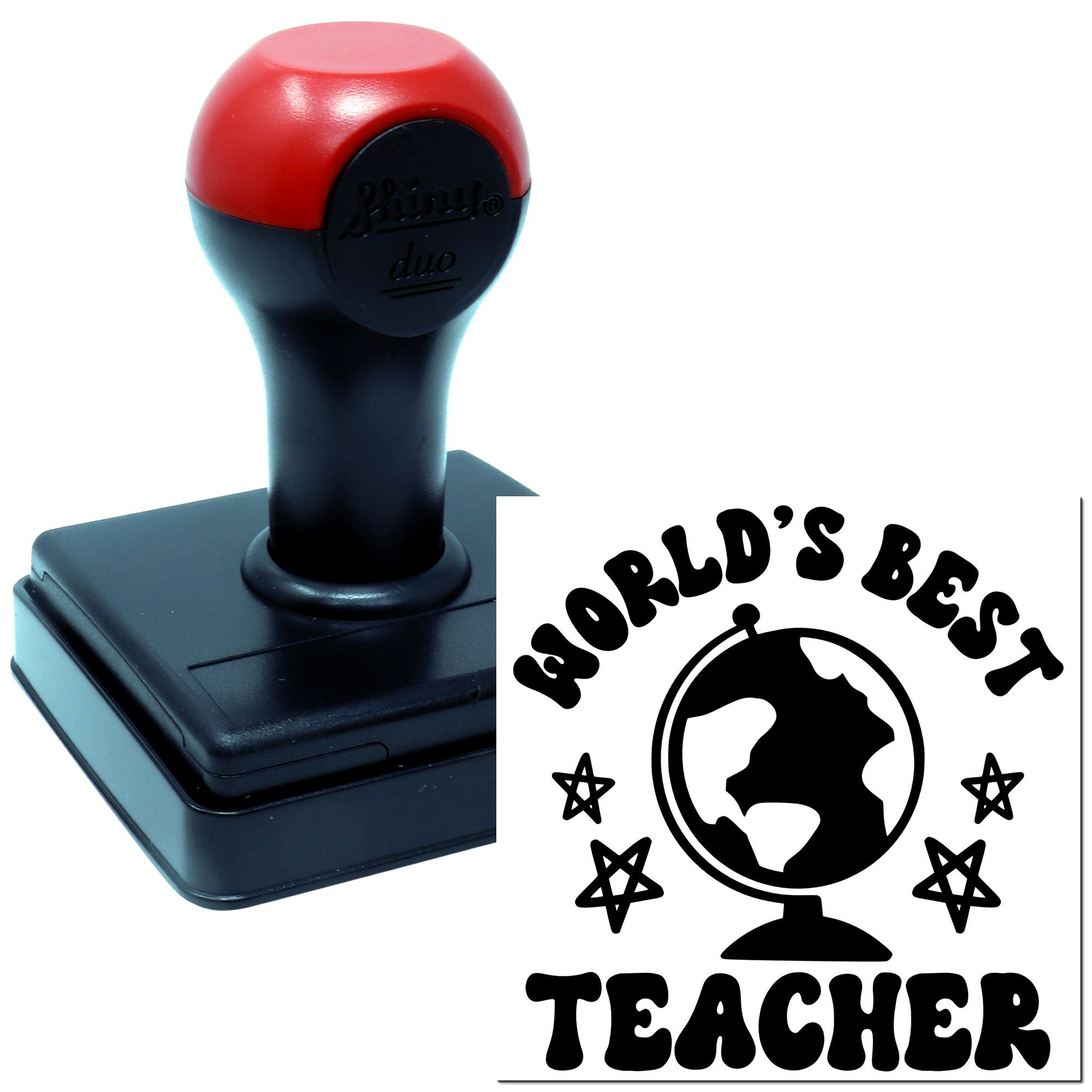 Self-inking rubber stamp with World's Best Teacher globe design for classroom use, teacher gifts, and award marking.