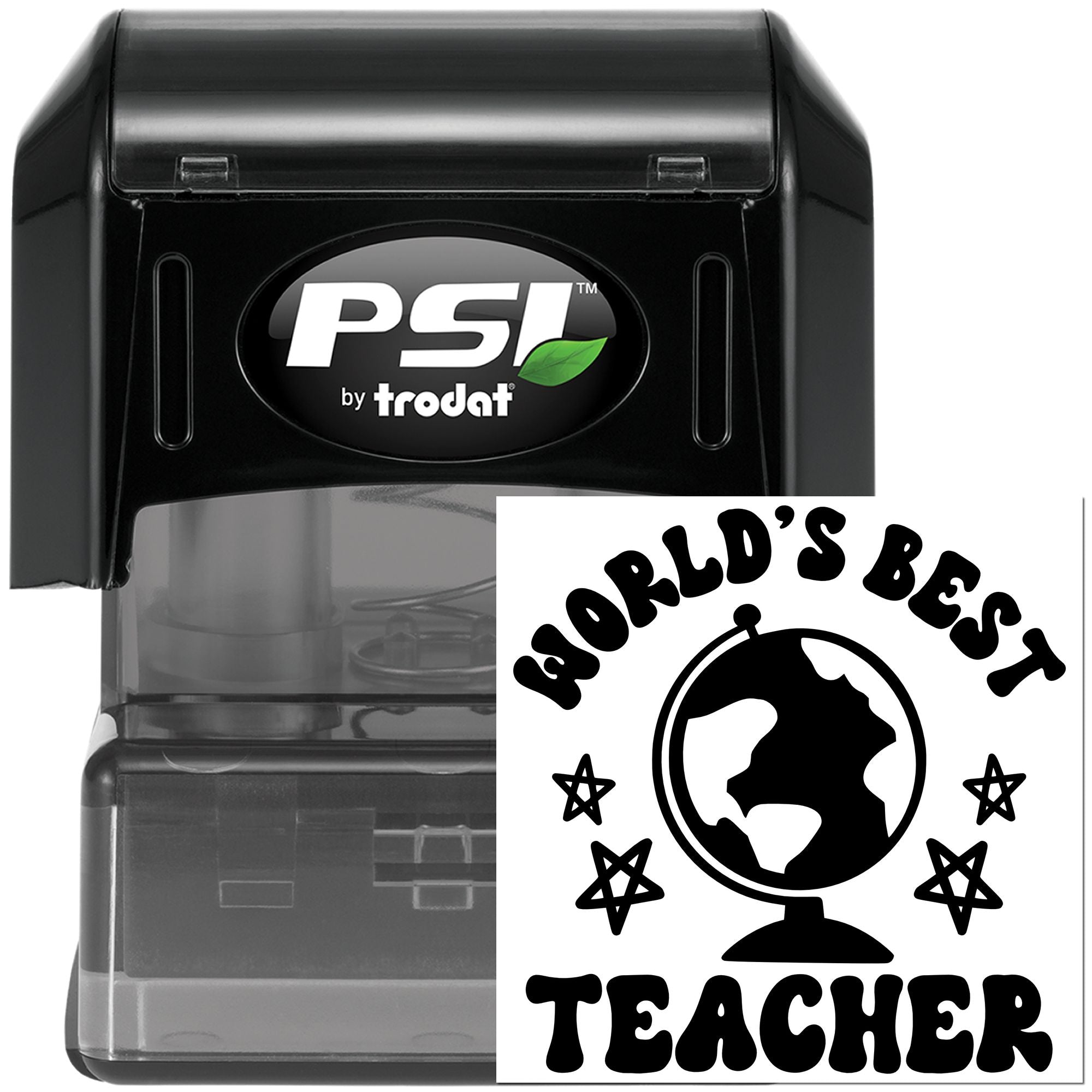 PSI by Trodat self-inking rubber stamp with World's Best Teacher globe imprint for classroom rewards and grading.