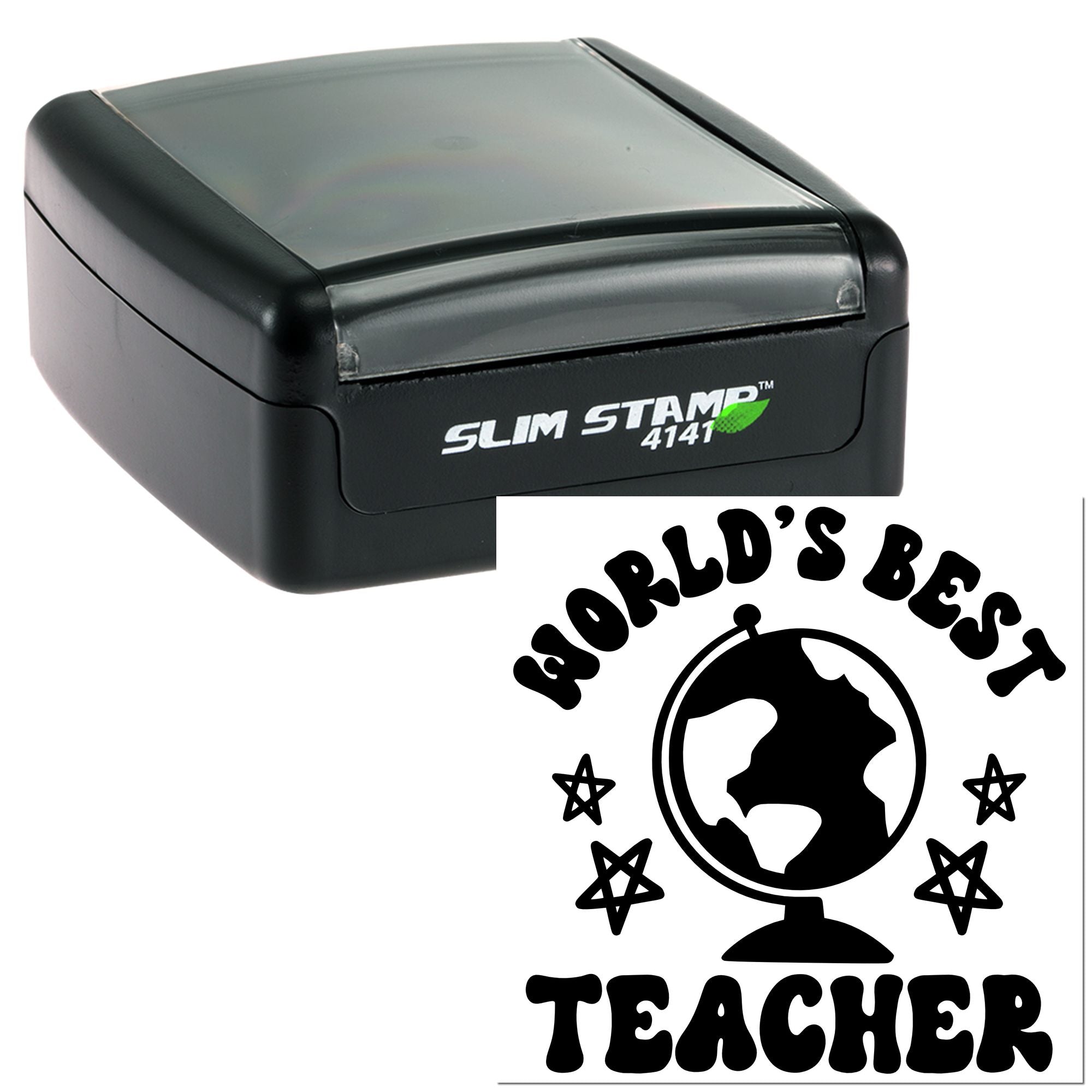 Self-inking rubber stamp with World's Best Teacher globe design for teachers, classroom rewards, and grading.