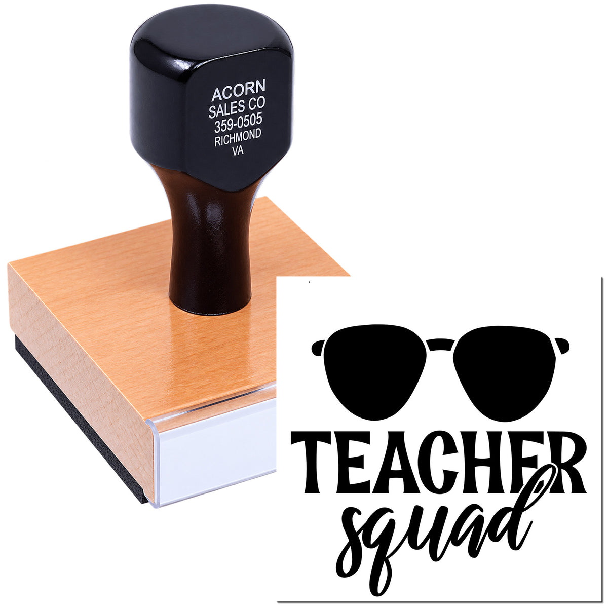 Teacher Squad custom rubber stamp with sunglasses design for classroom gifts and personalized teacher stamping.