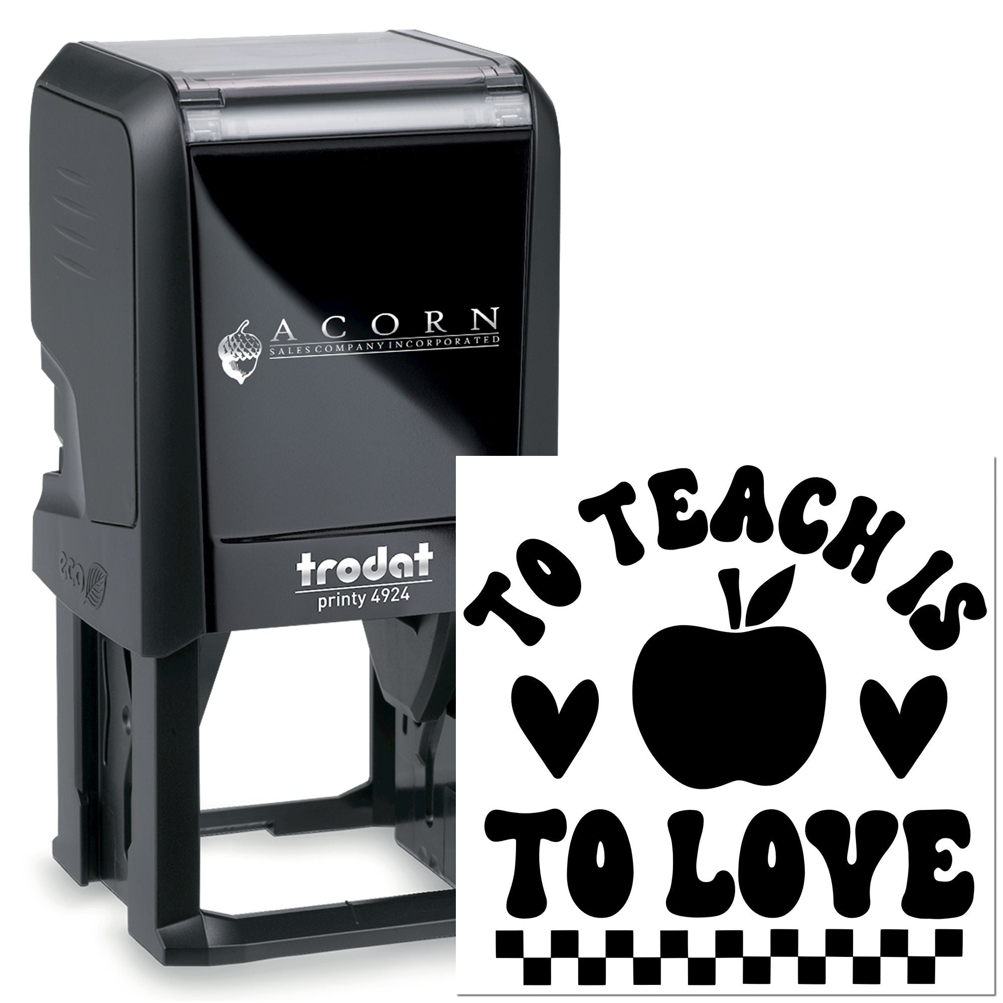 Custom self-inking rubber stamp featuring To Teach Is to Love apple design for teacher awards, classroom use and crafts.
