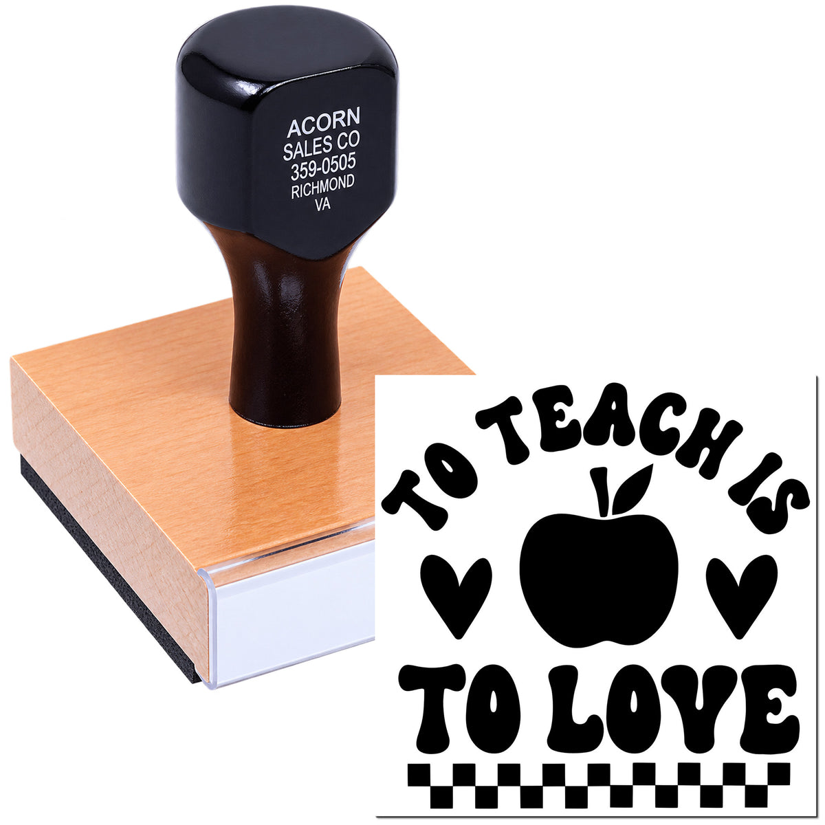 Custom rubber stamp with To Teach Is To Love apple and hearts design for teachers, classroom rewards, and school crafts.
