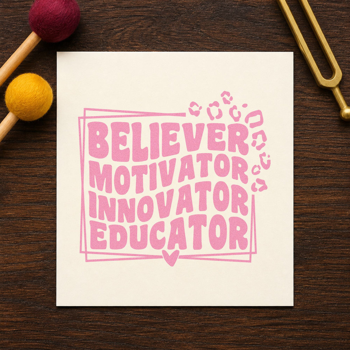 Believer Motivator Innovator Educator craft stamp in purple ink on cardstock, an easy option for role badge tags.
