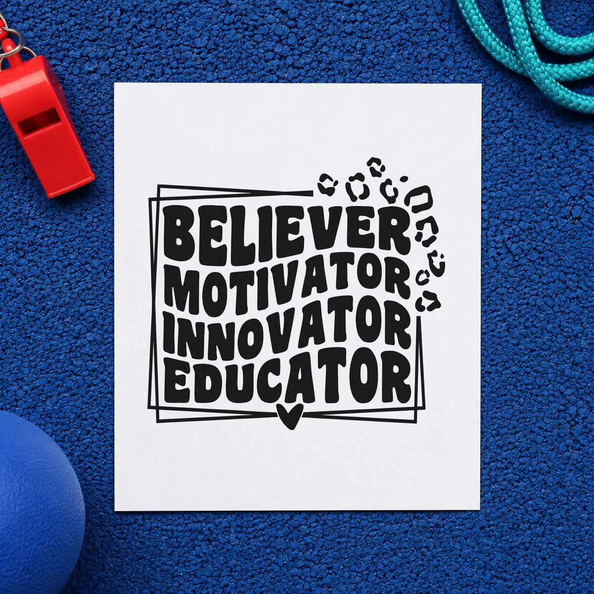 Believer Motivator Innovator Educator rubber stamp printed in black ink, ready for four roles cards and similar paper crafts.