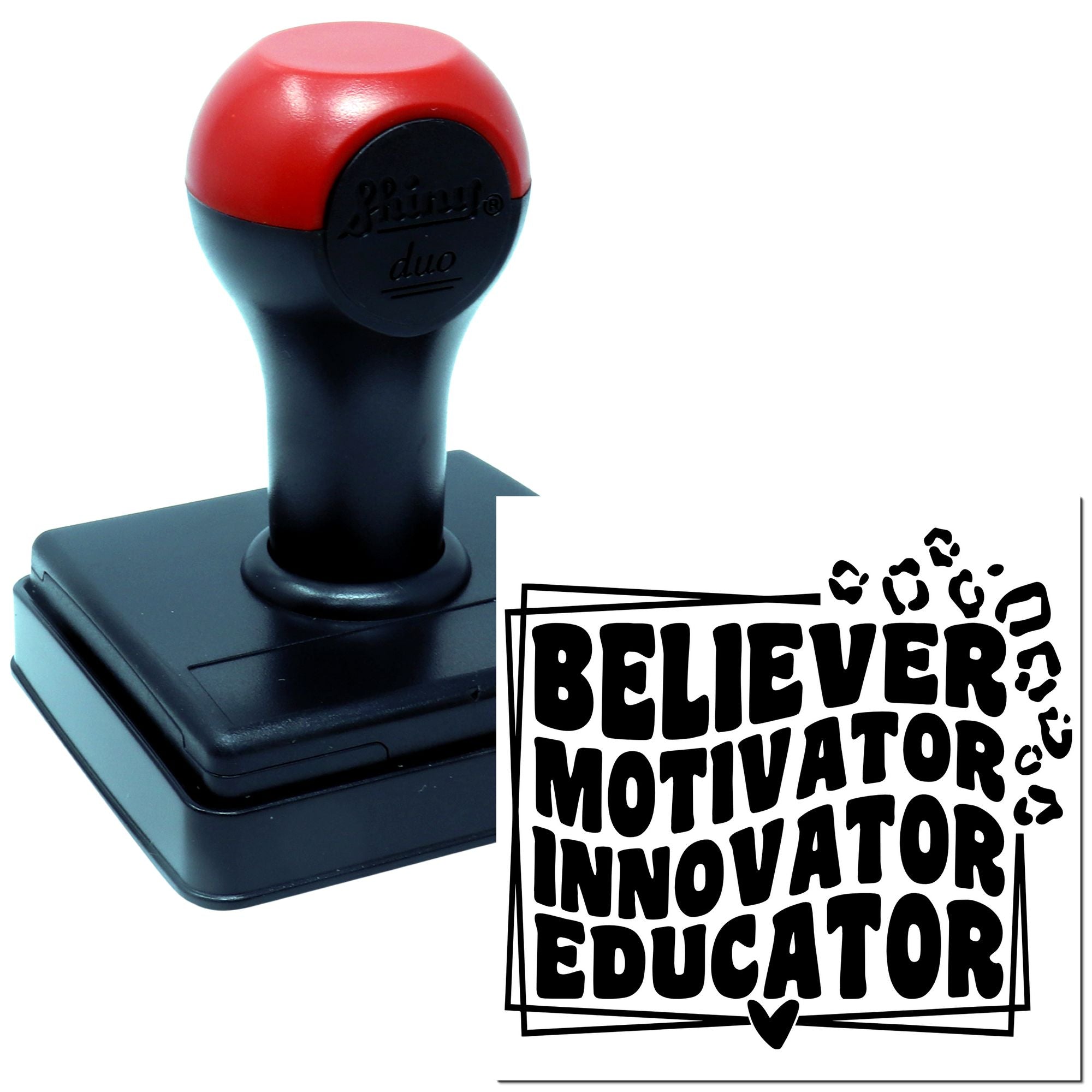 Self-inking rubber stamp with Believer, Motivator, Innovator, Educator design for teachers, coaches, and motivational branding.