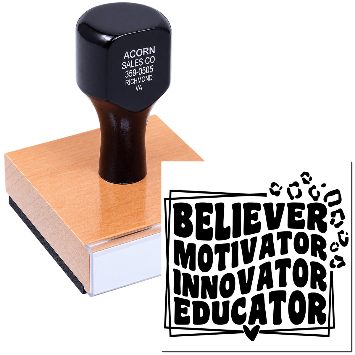 Mounted custom rubber stamp with Believer Motivator Innovator Educator imprint for teachers, motivational gifts, and branding.