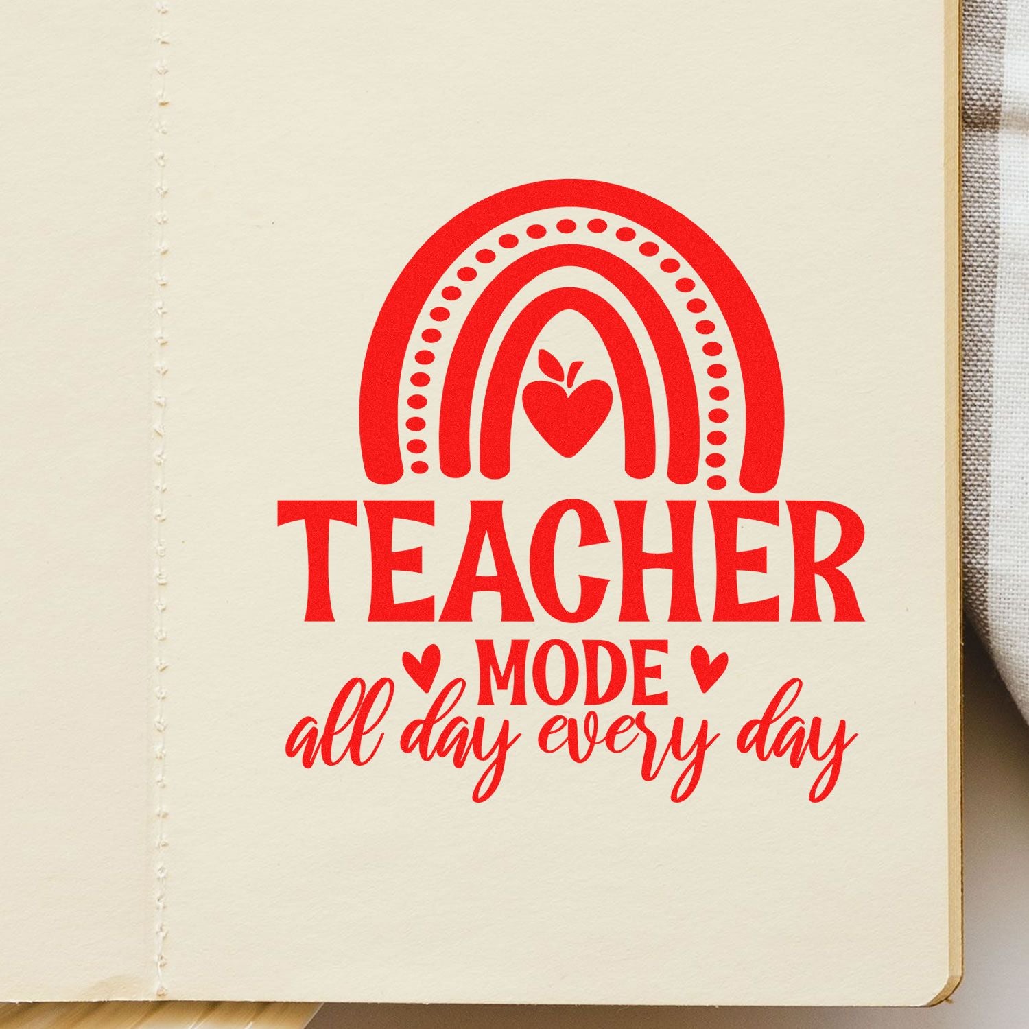 Teacher mode all day every day rubber stamp design with rainbow heart apple, perfect for classroom decor and teacher gifts.