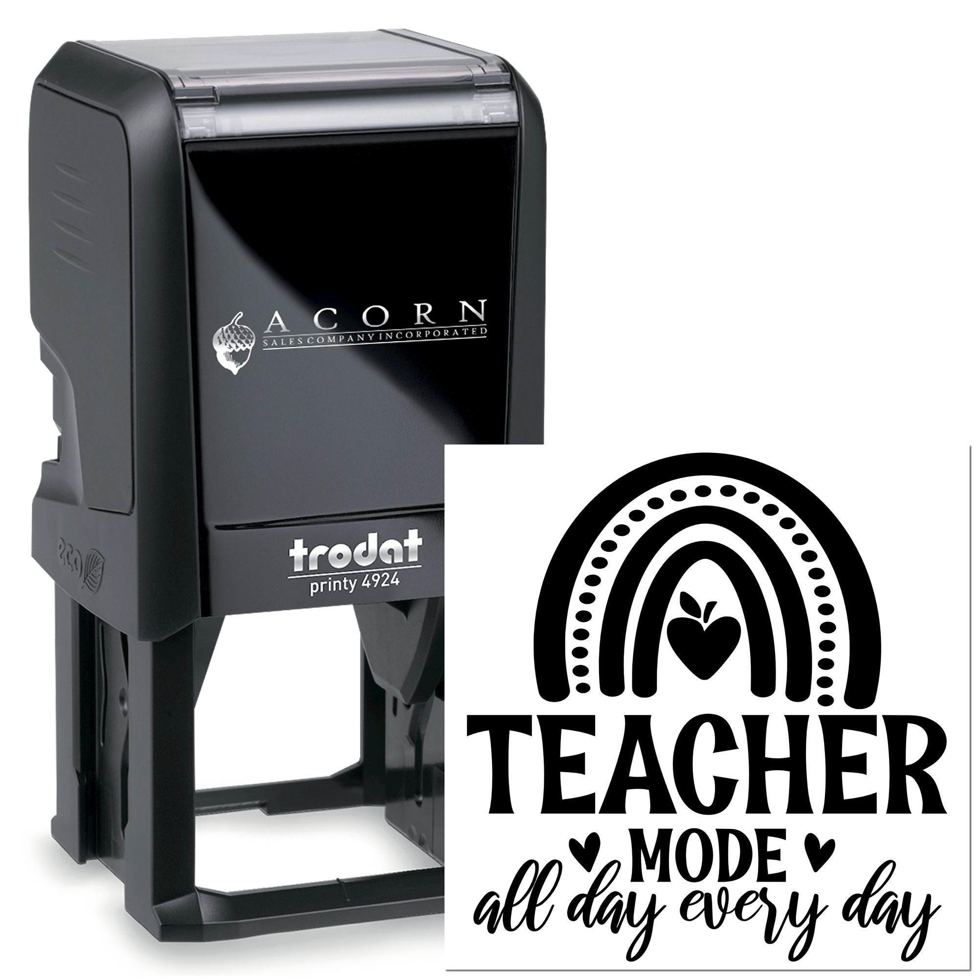 Custom teacher self-inking rubber stamp with rainbow heart design and Teacher Mode All Day Every Day text.