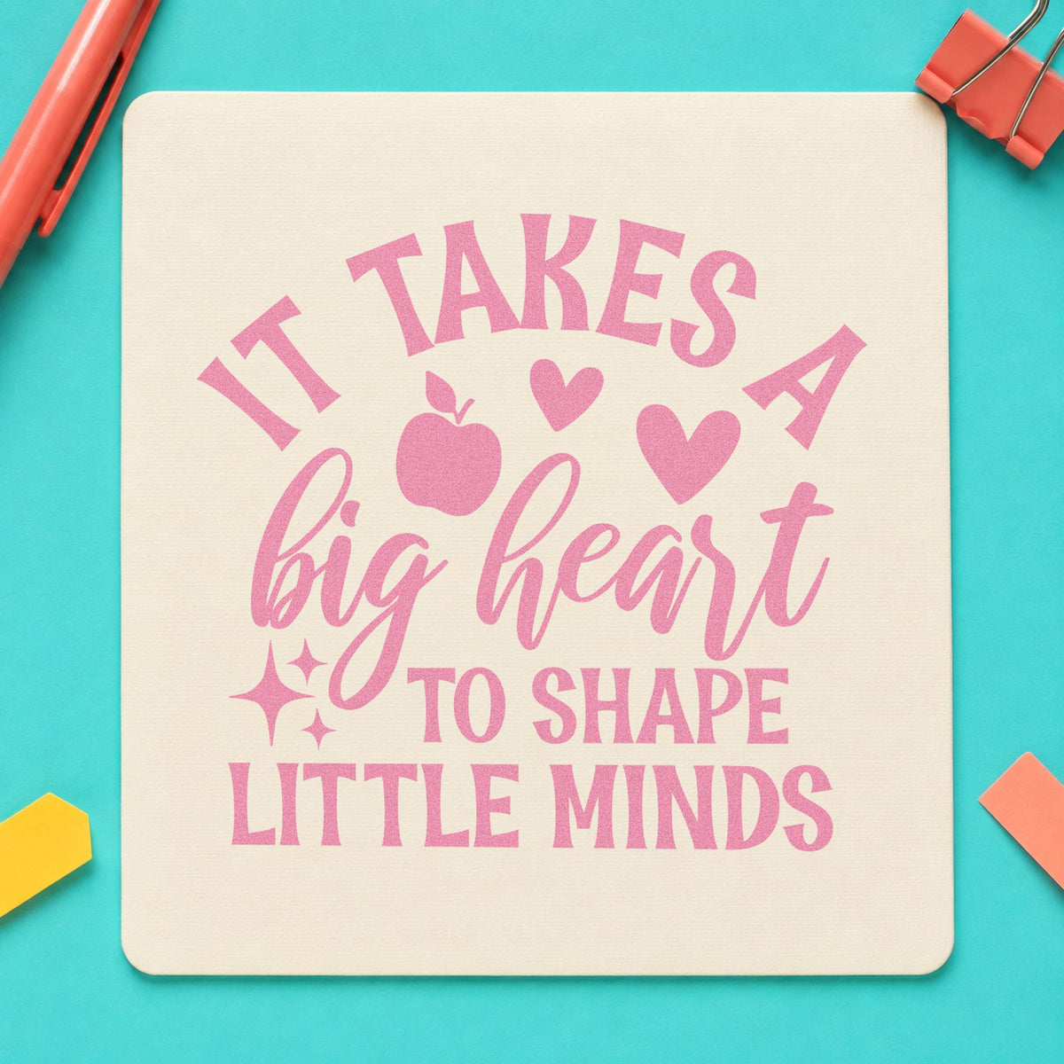Big Heart Shape Little Minds craft stamp in purple ink on cardstock, an easy option for setting visit tags.