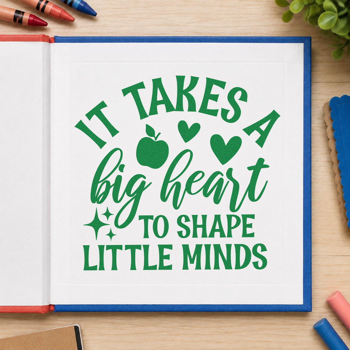 Big Heart Shape Little Minds craft stamp imprint in green ink on a handmade project, one idea being daily diary pages.
