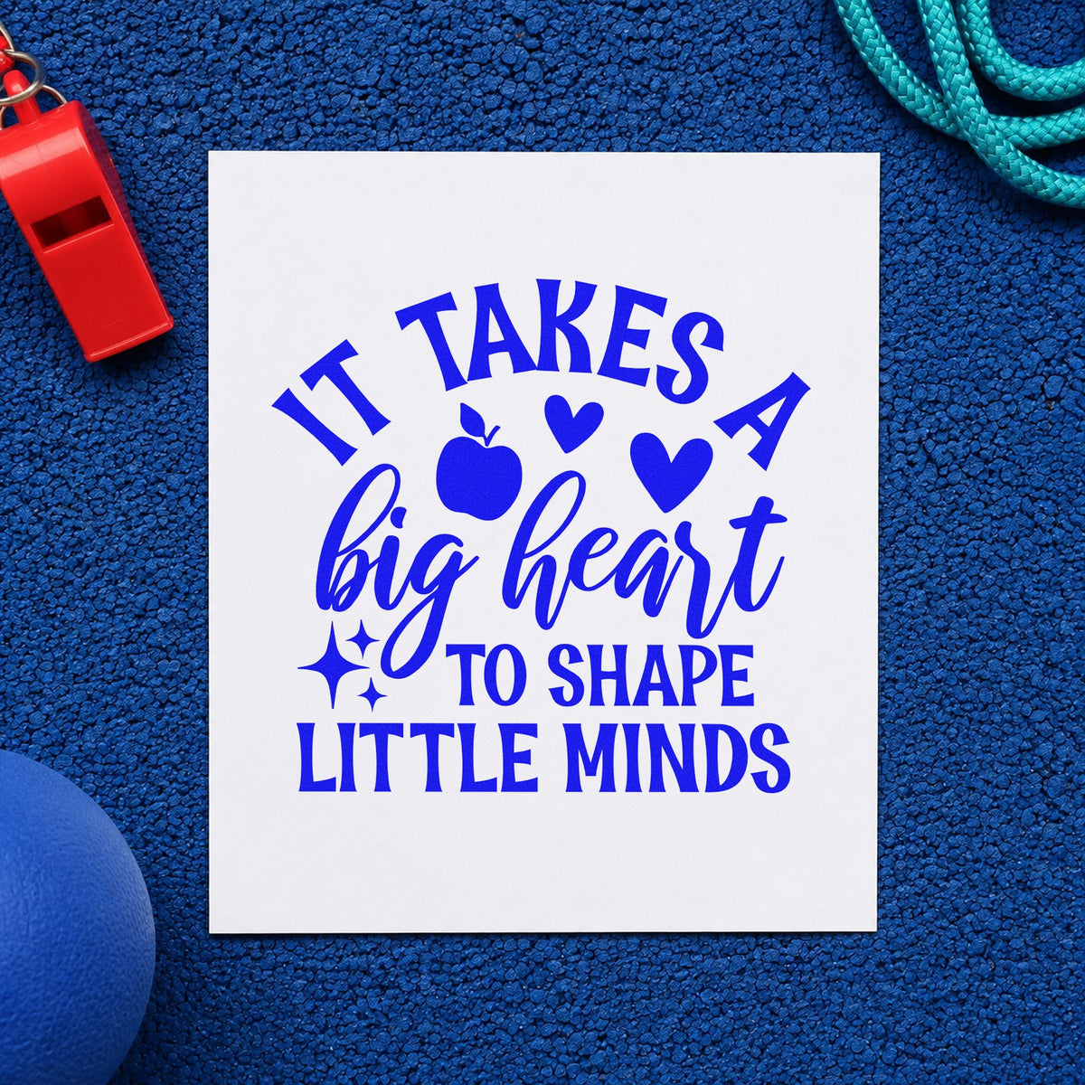 Big Heart Shape Little Minds craft stamp imprinted in blue ink on paper, a design suited to policy pack seals.
