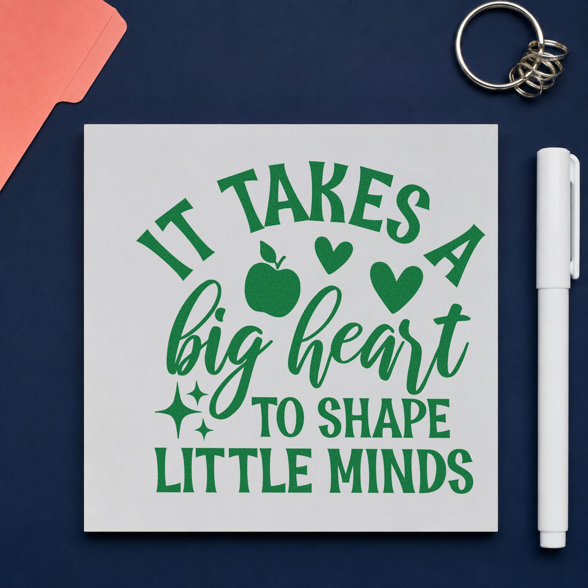 Big Heart Shape Little Minds craft stamp imprint in green ink on a handmade project, one idea being framed hall peg.