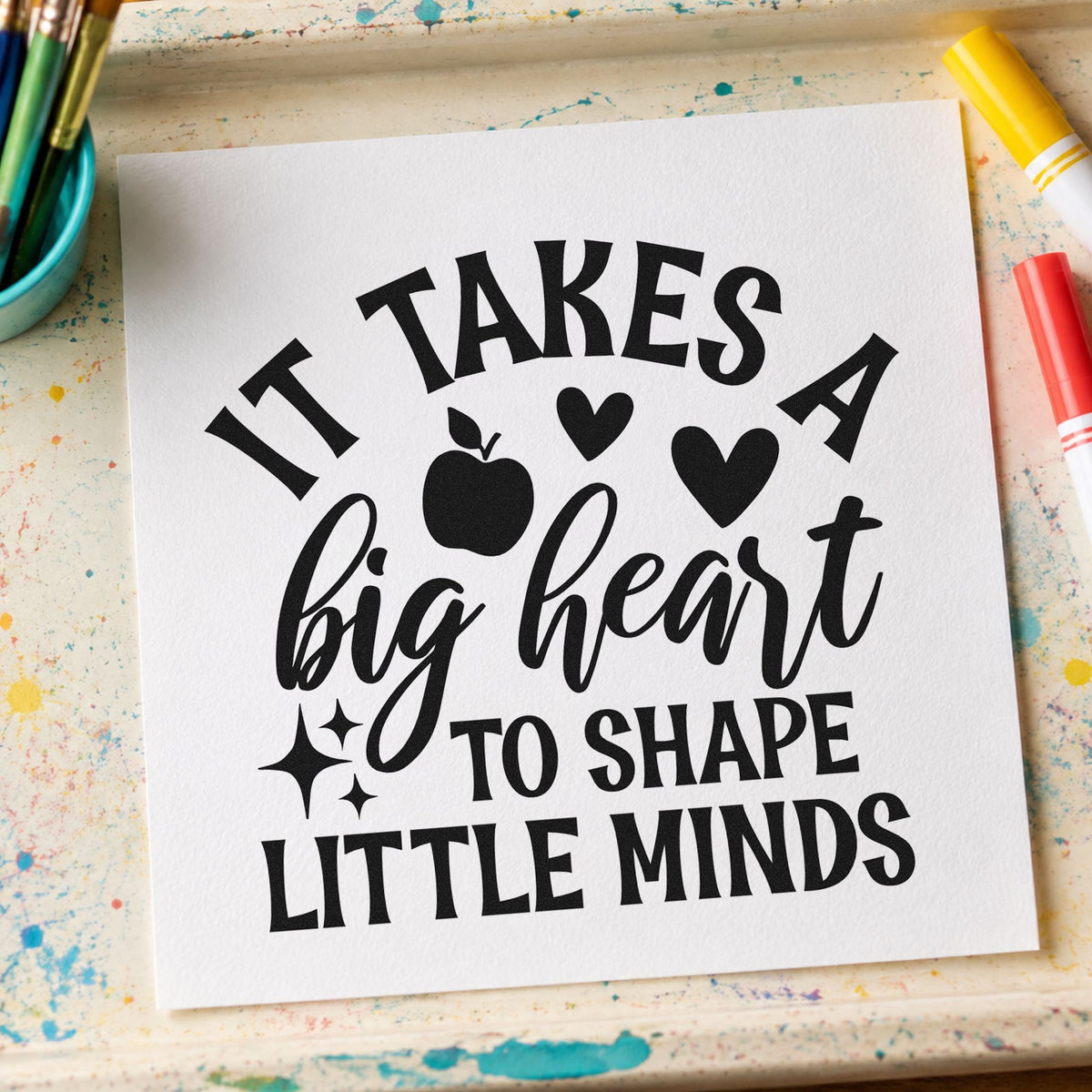 Big Heart Shape Little Minds rubber stamp printed in black ink, ready for apple sparkle cards and similar paper crafts.