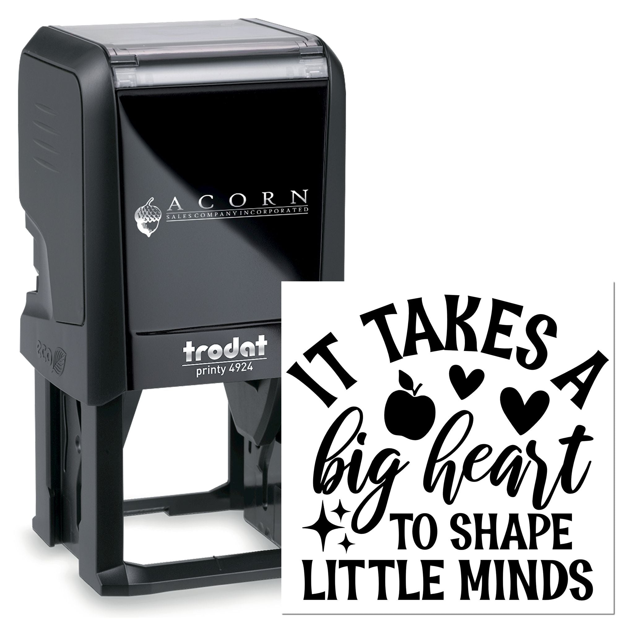 Custom self-inking rubber stamp with It takes a big heart to shape little minds design for teachers and classrooms.