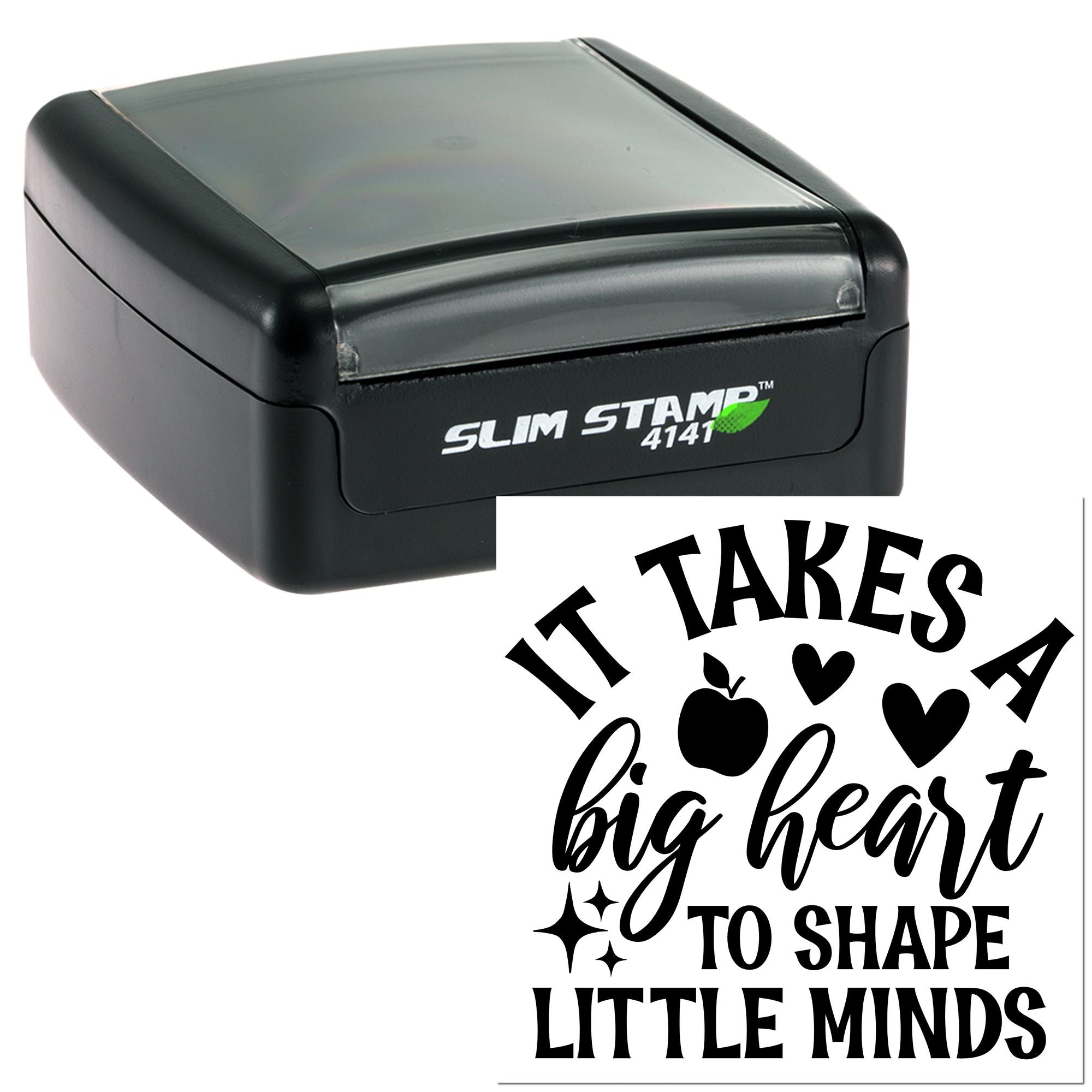 Slim Stamp 4141 rubber stamp with It Takes a Big Heart to Shape Little Minds teacher quote and apple design.