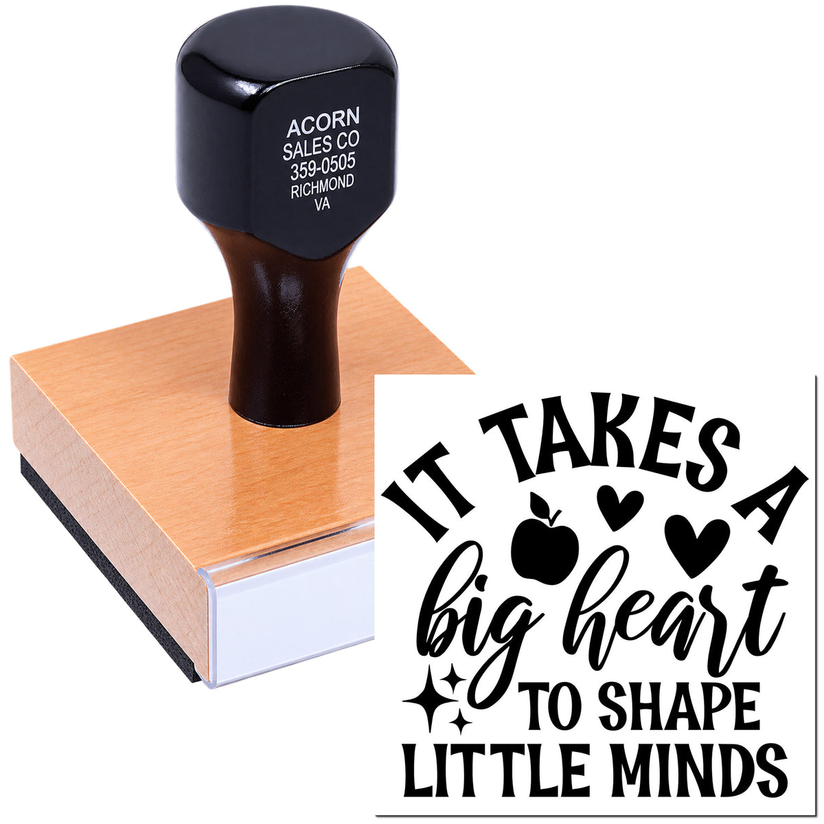 Teacher rubber stamp with inspirational message: It takes a big heart to shape little minds with apple and hearts.