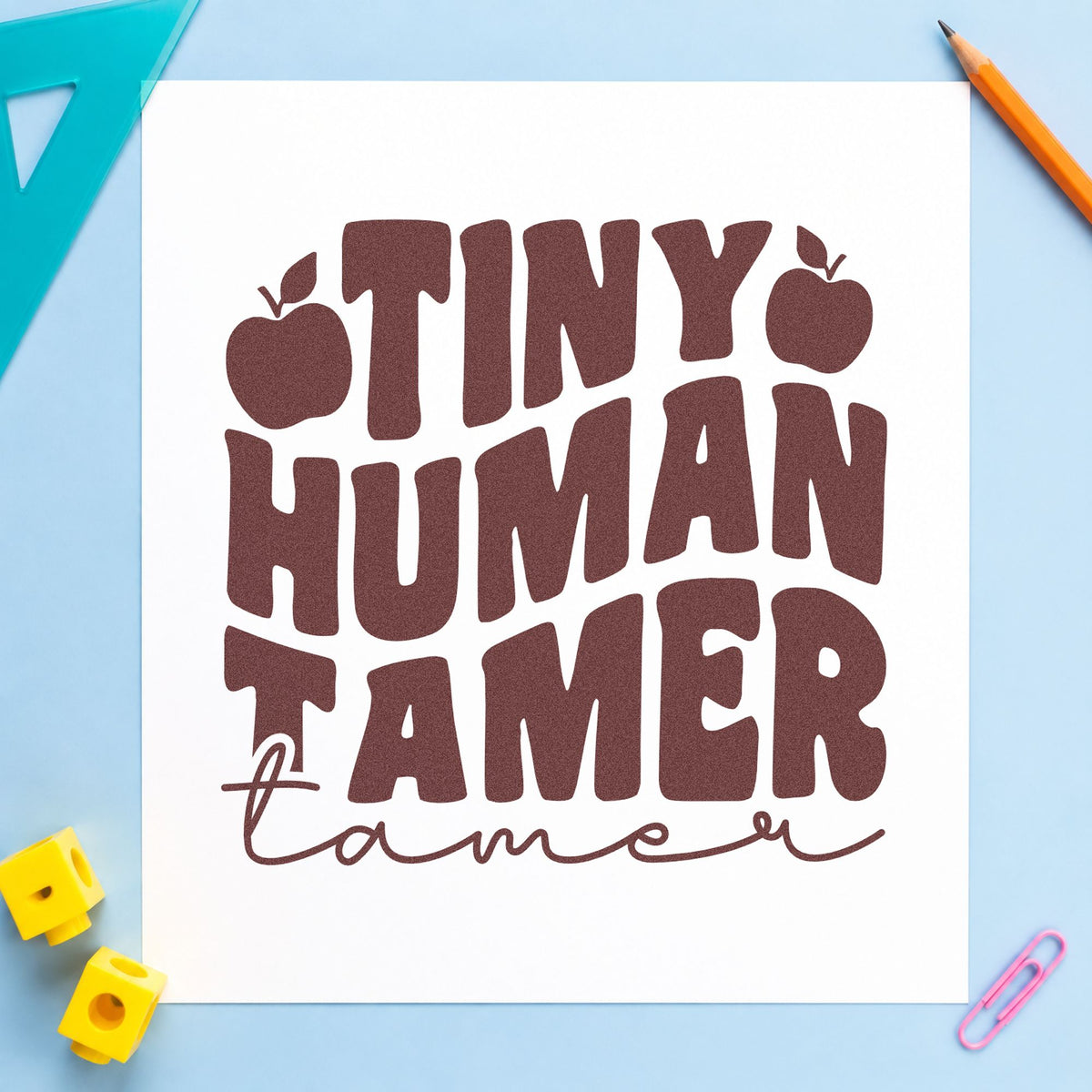 Tiny Human Tamer Apples rubber stamp printed in brown ink, ready for ball pit labels and similar paper crafts.
