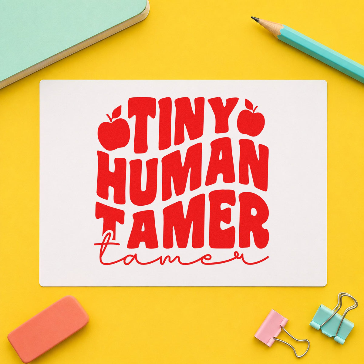 Tiny Human Tamer Apples rubber stamp shown in red ink, stamped for projects such as birthday day notes.