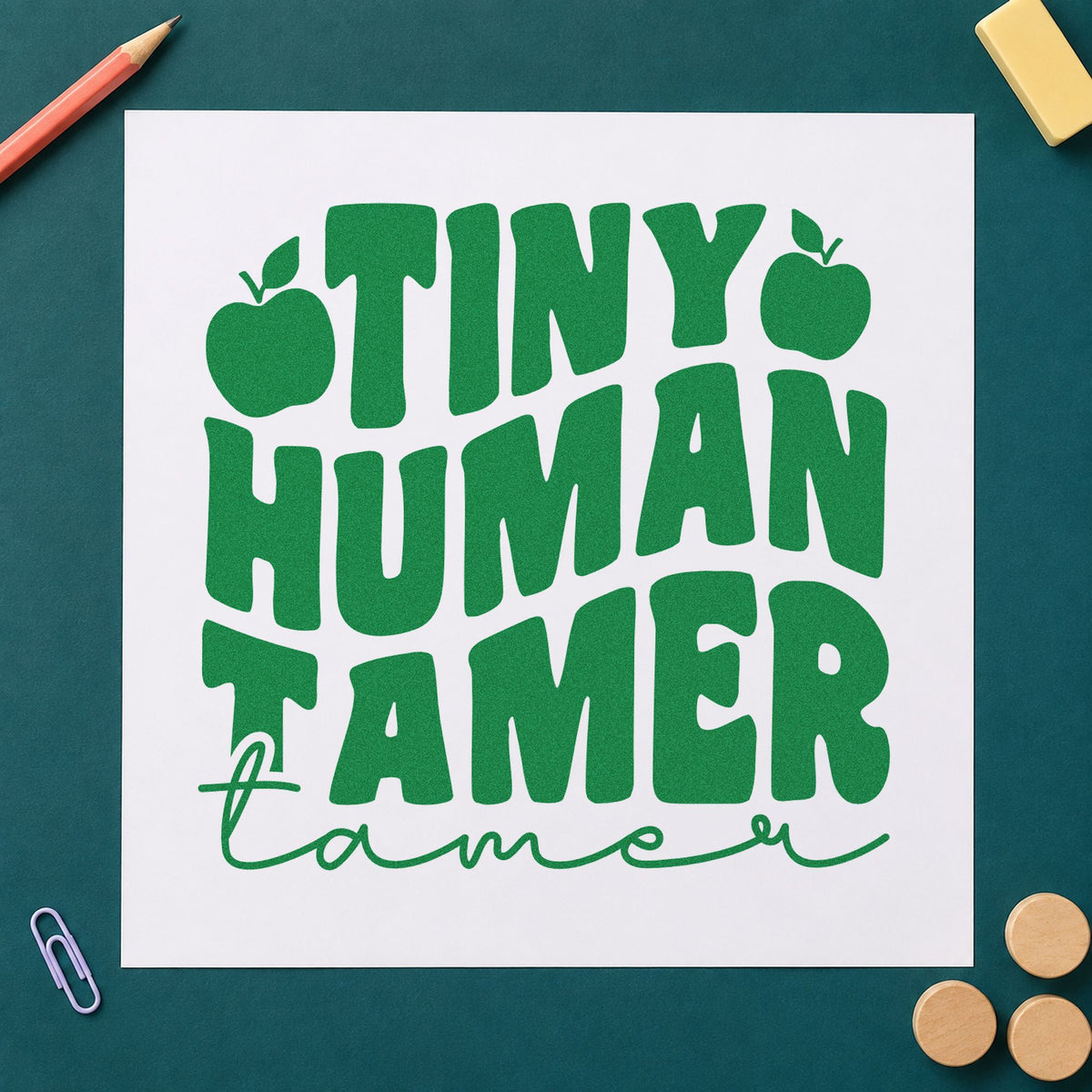 Tiny Human Tamer Apples craft stamp imprint in green ink on a handmade project, one idea being framed entry gate.