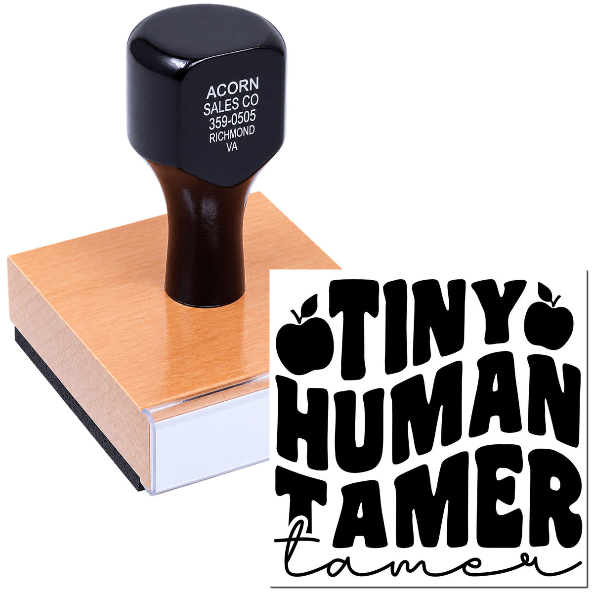Custom rubber stamp with Tiny Human Tamer logo for personalized branding and stationery