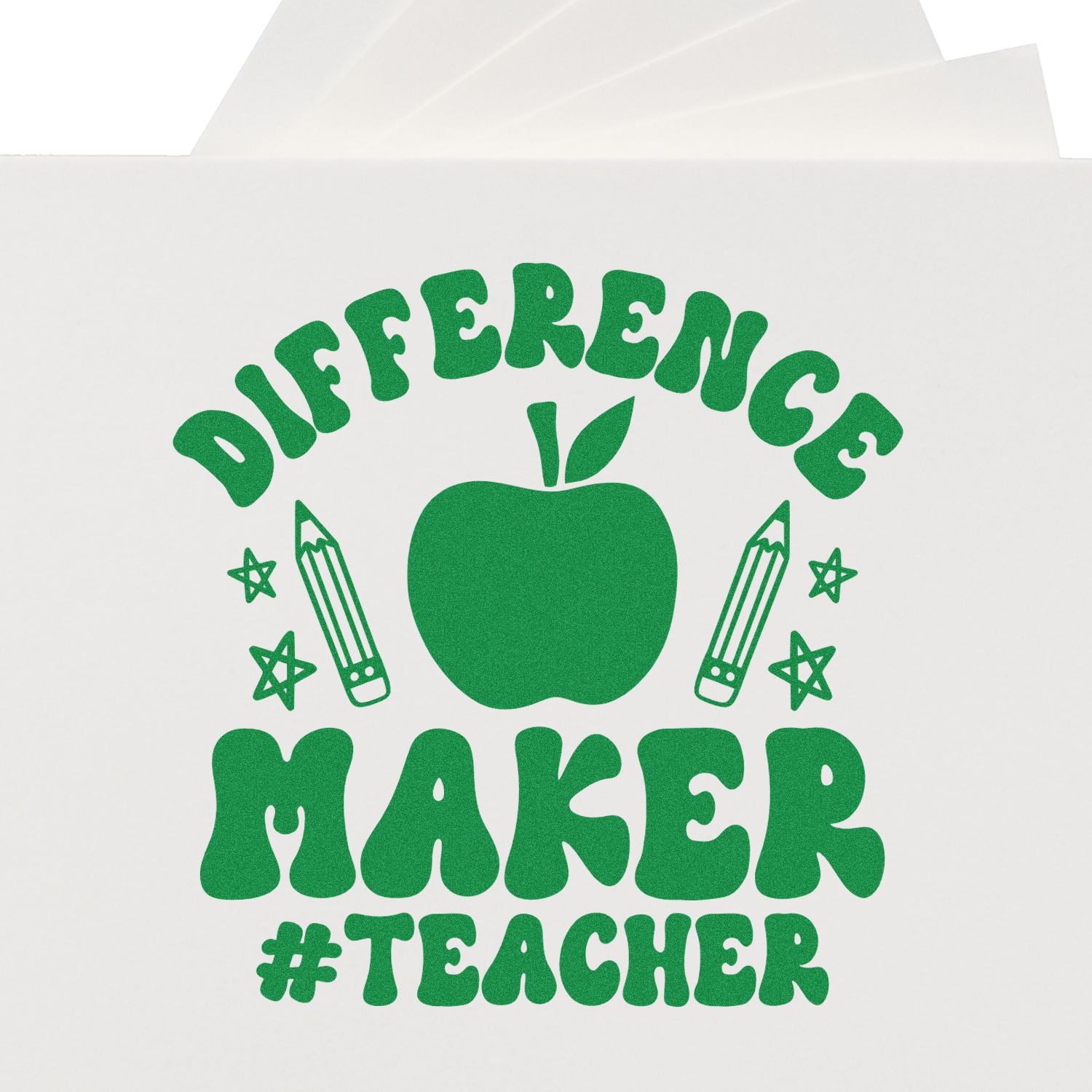 Green Difference Maker #Teacher rubber stamp design with apple, pencils, and stars for classroom recognition.