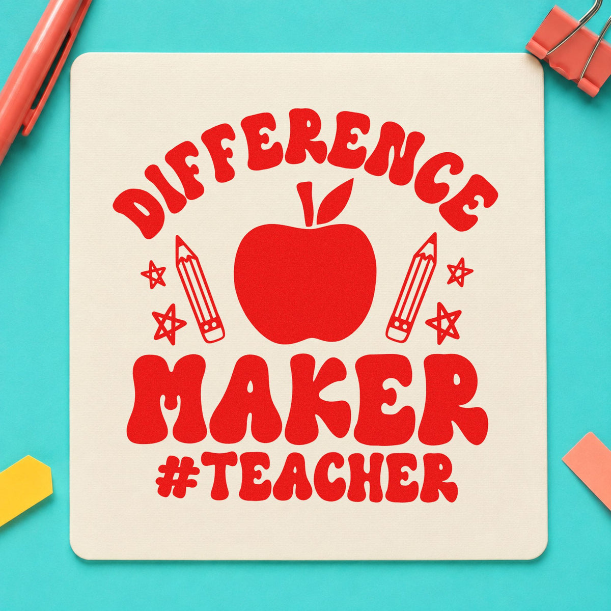 Difference Maker Teacher Apple rubber stamp shown in red ink, stamped for projects such as friday round notes.