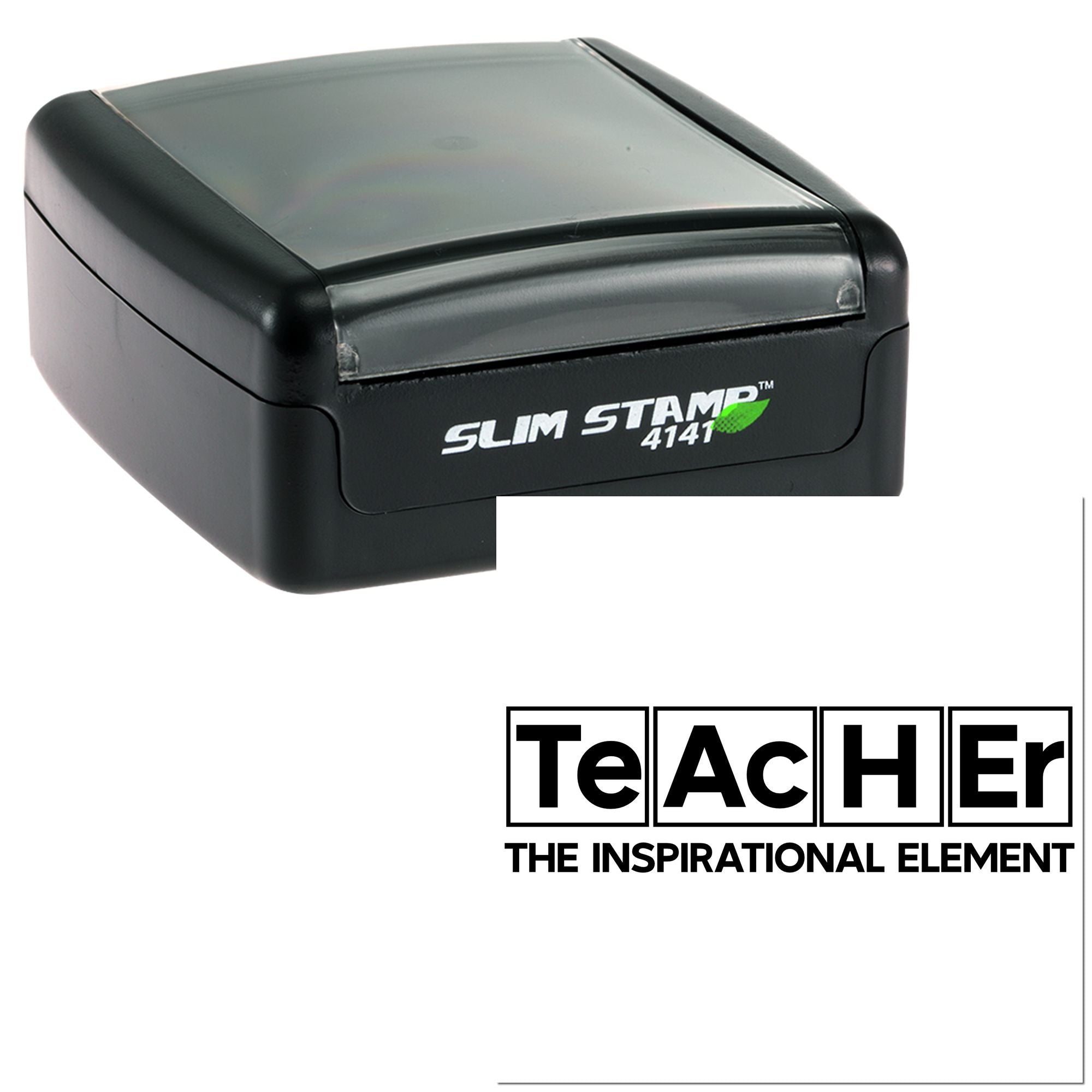 Black self-inking teacher rubber stamp, Slim Stamp 4141, with The Inspirational Element branding.