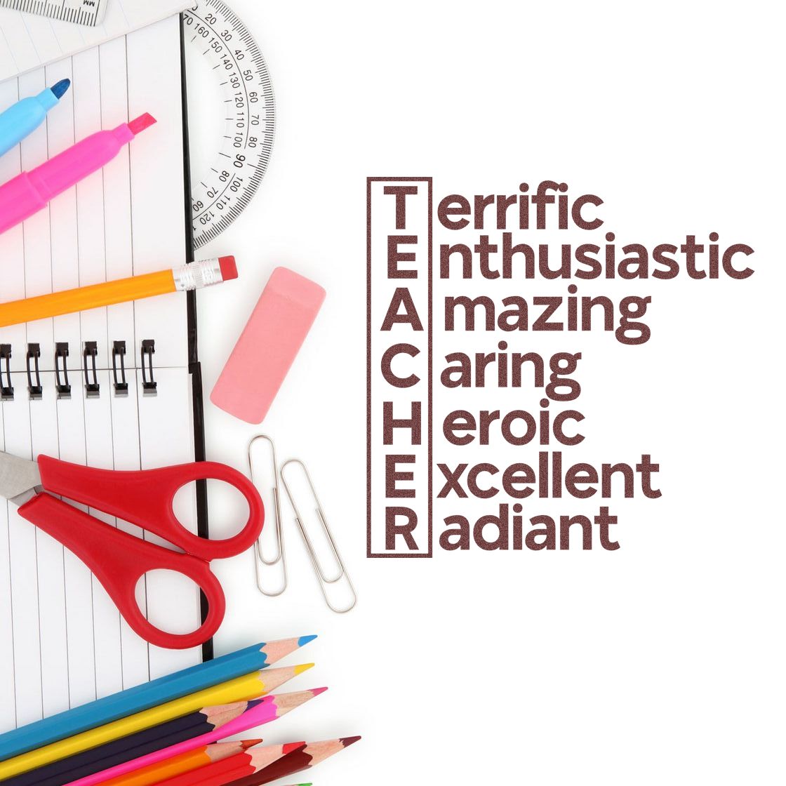 Teacher Traits Acrostic rubber stamp shown in brown ink, stamped for projects such as adjective tags.