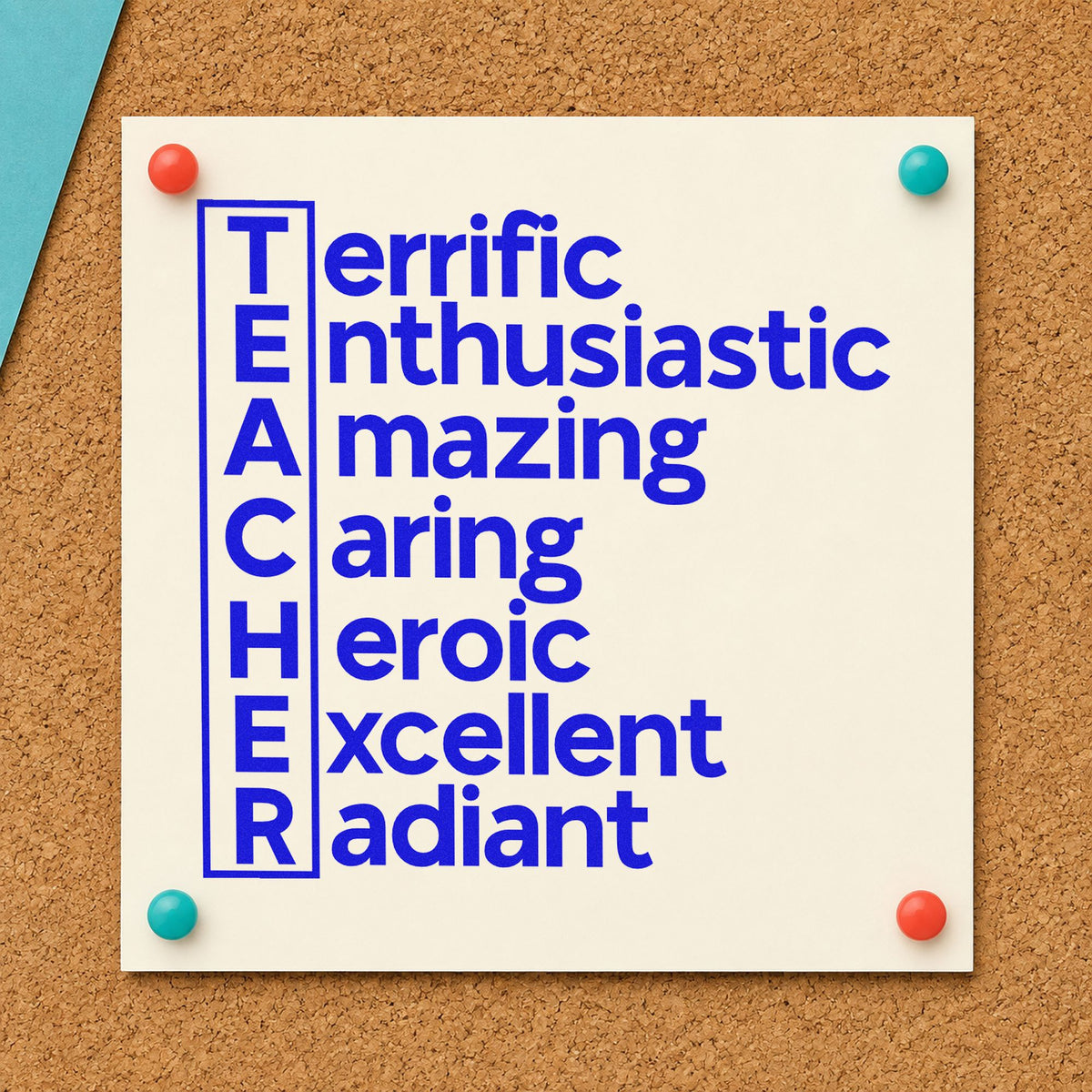 Teacher Traits Acrostic craft stamp imprinted in blue ink on paper, a design suited to praise post seals.
