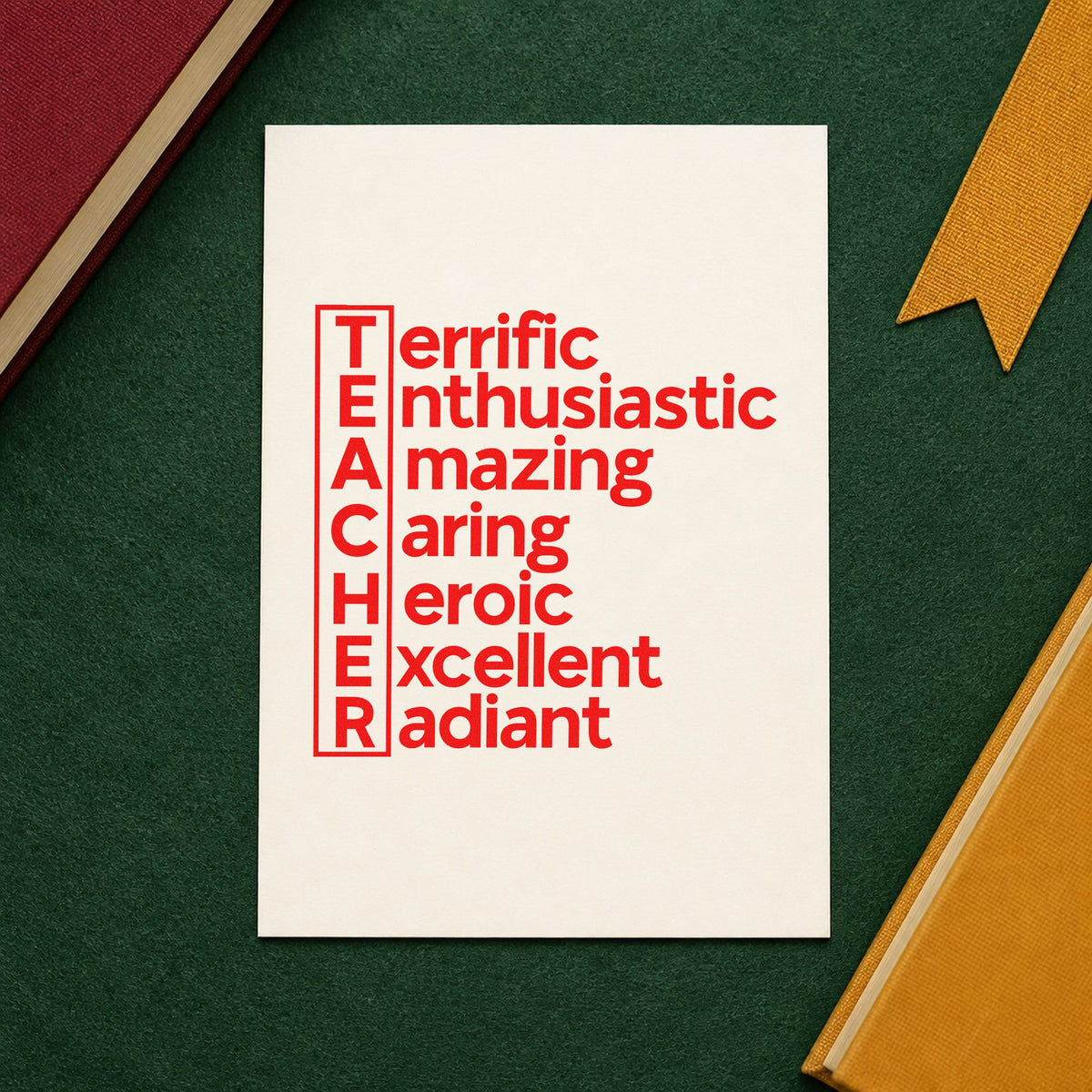 Teacher Traits Acrostic rubber stamp shown in red ink, stamped for projects such as staff vote notes.
