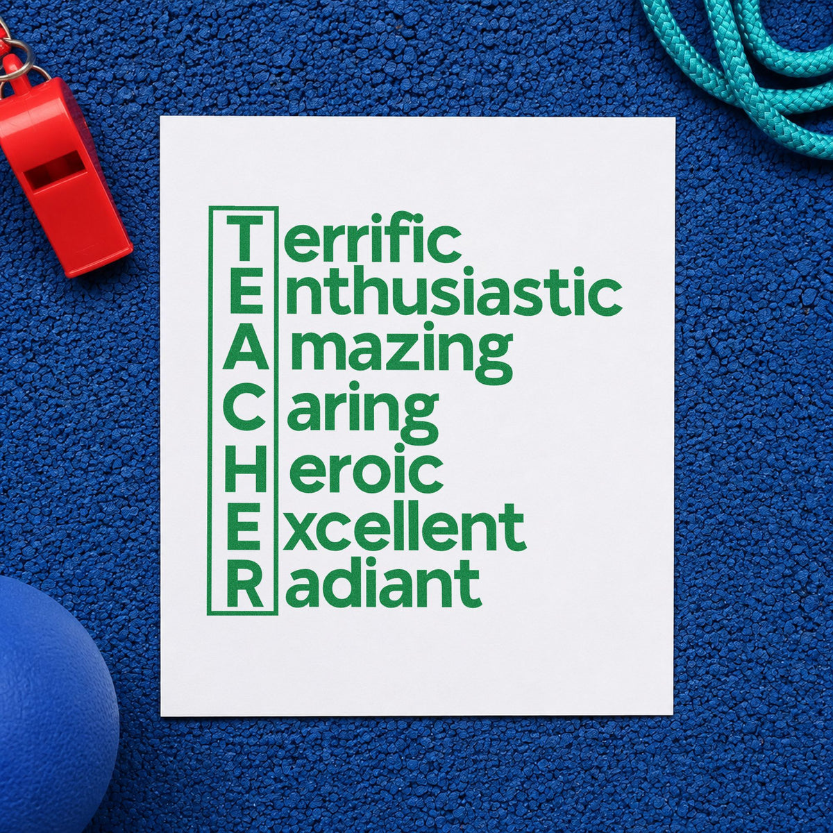 Teacher Traits Acrostic craft stamp imprint in green ink on a handmade project, one idea being framed letter column.