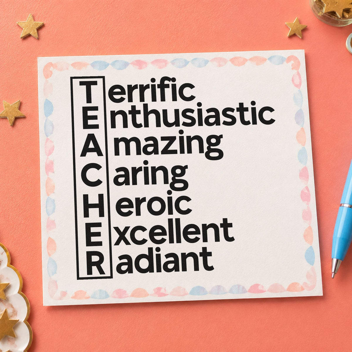 Teacher Traits Acrostic rubber stamp printed in black ink, ready for vertical boxes cards and similar paper crafts.
