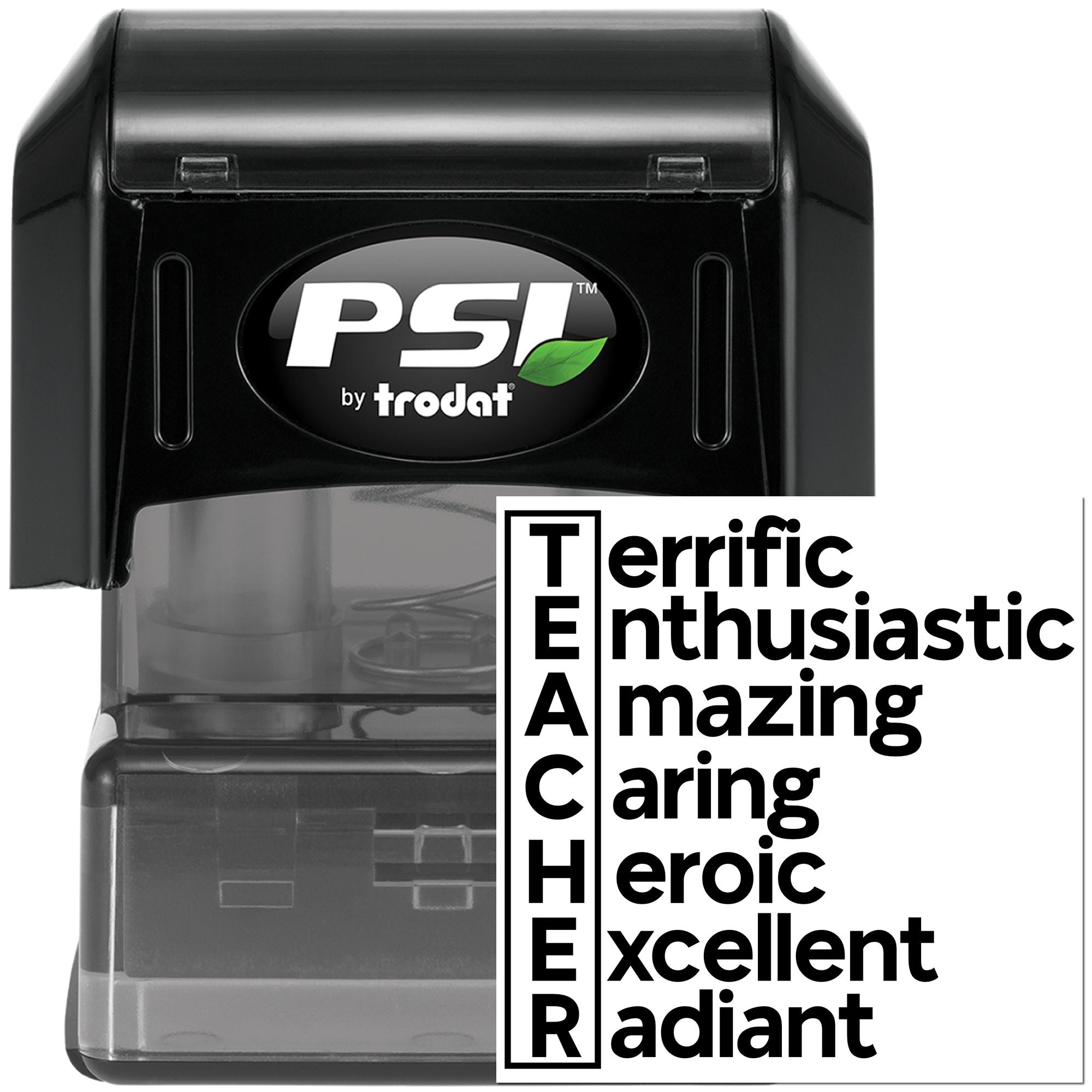 Self-inking teacher rubber stamp by PSI Trodat with praise words: Terrific, Enthusiastic, Amazing, Caring, Heroic, Excellent, Radiant.