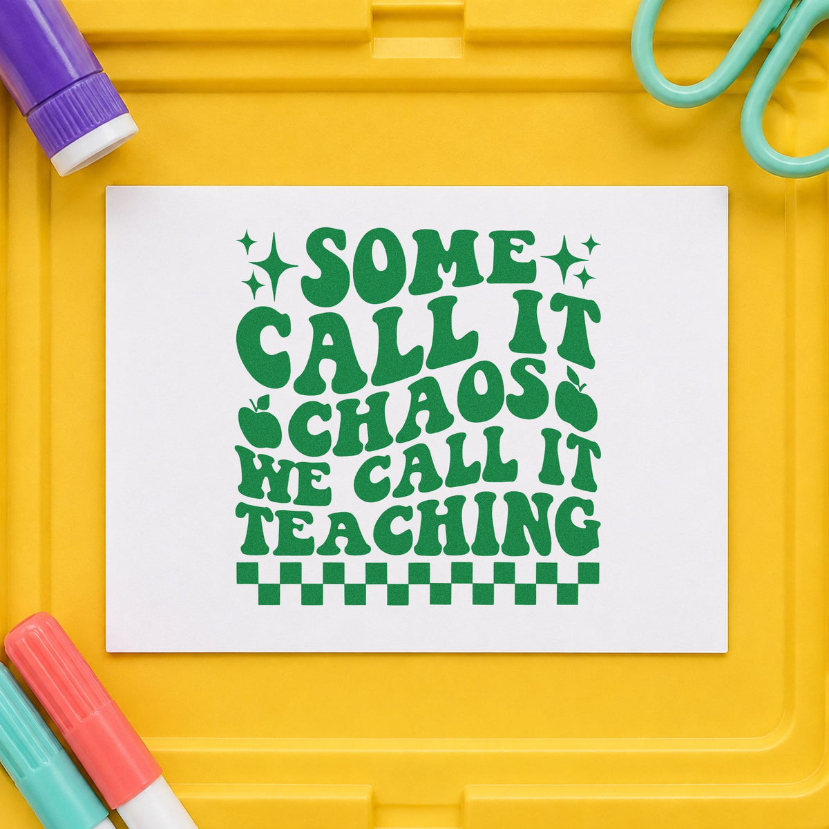 Some Call It Chaos craft stamp imprint in green ink on a handmade project, one idea being cover grid pages.