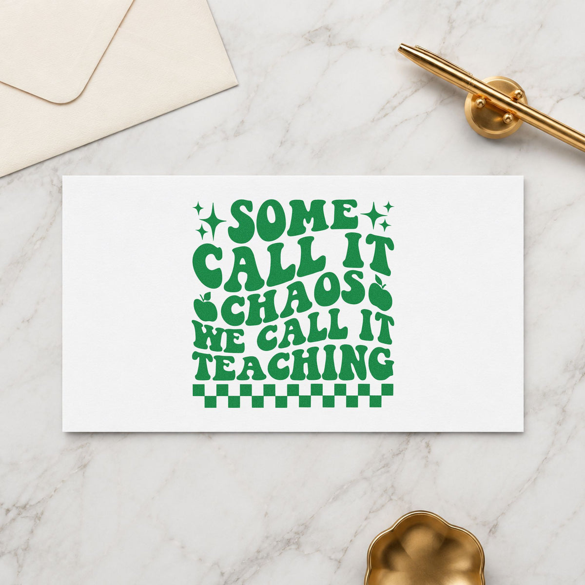 Some Call It Chaos craft stamp imprint in green ink on a handmade project, one idea being framed store door.