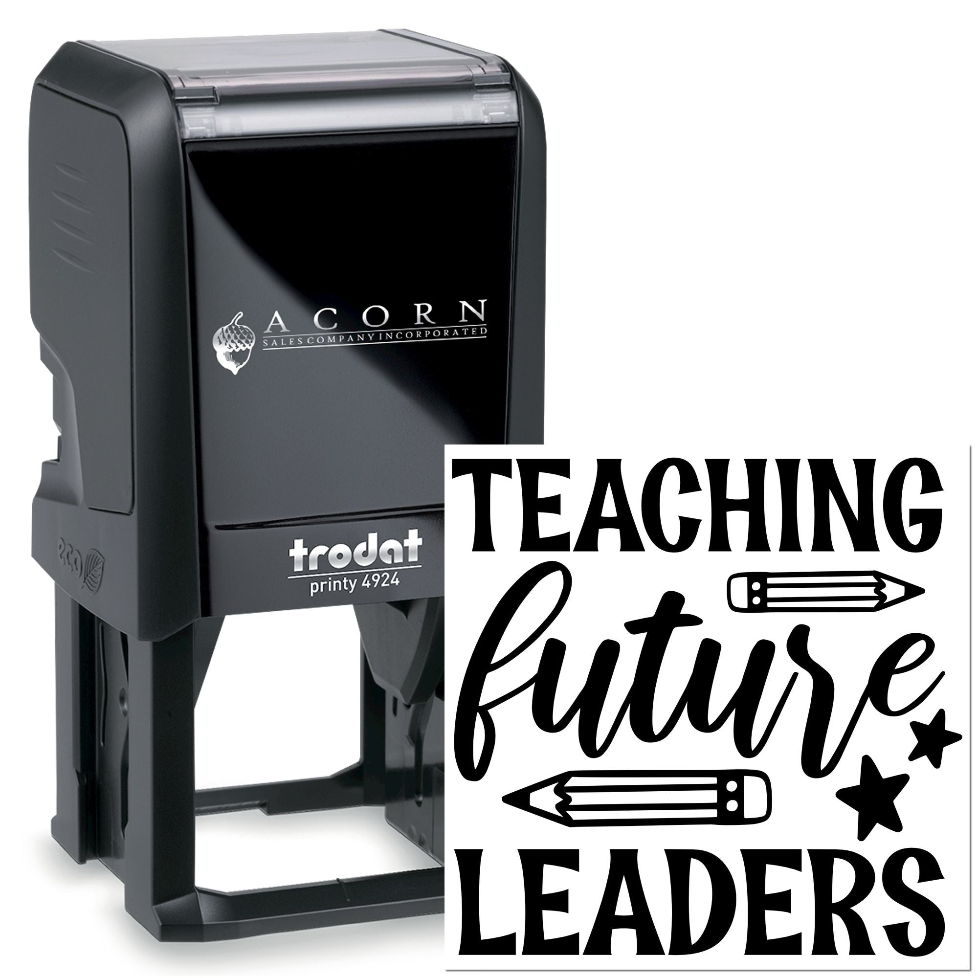 Custom self-inking rubber stamp design reading Teaching future leaders with pencils and stars for teachers.