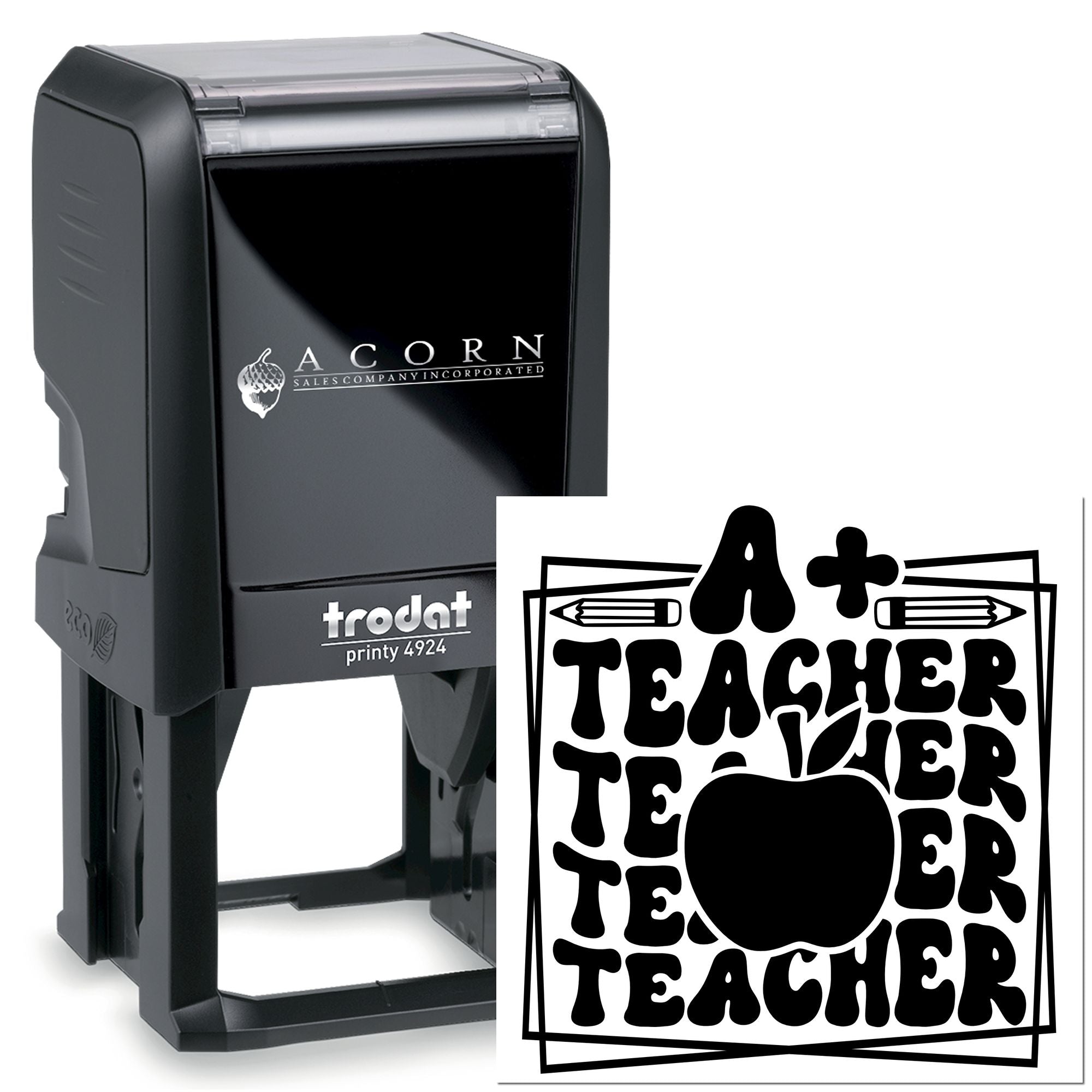Custom self-inking rubber stamp featuring A+ Teacher design with pencil and apple, Trodat Printy 4924 for classroom grading.
