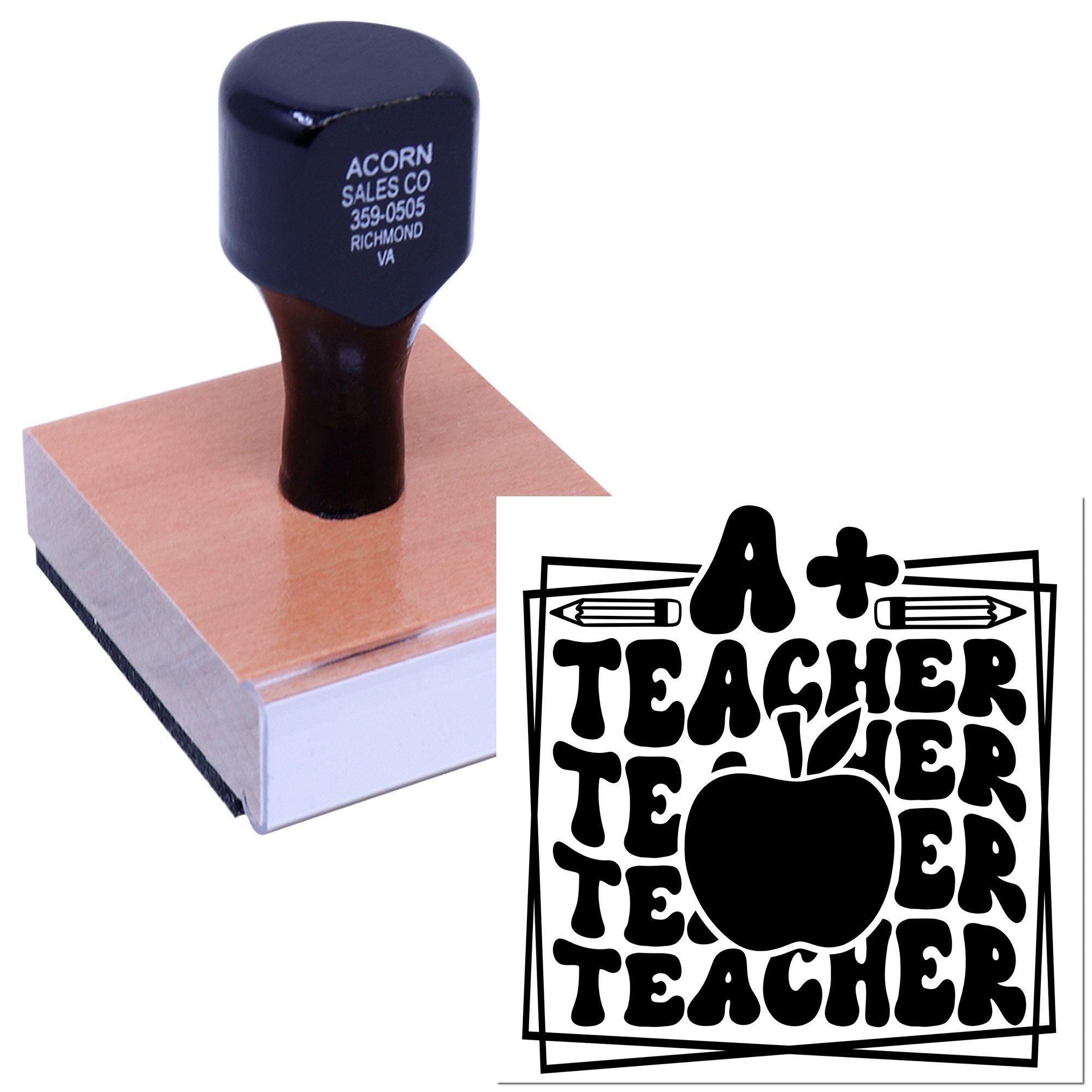 Custom A+ teacher rubber stamp with apple design and wood handle for classroom rewards and grading.