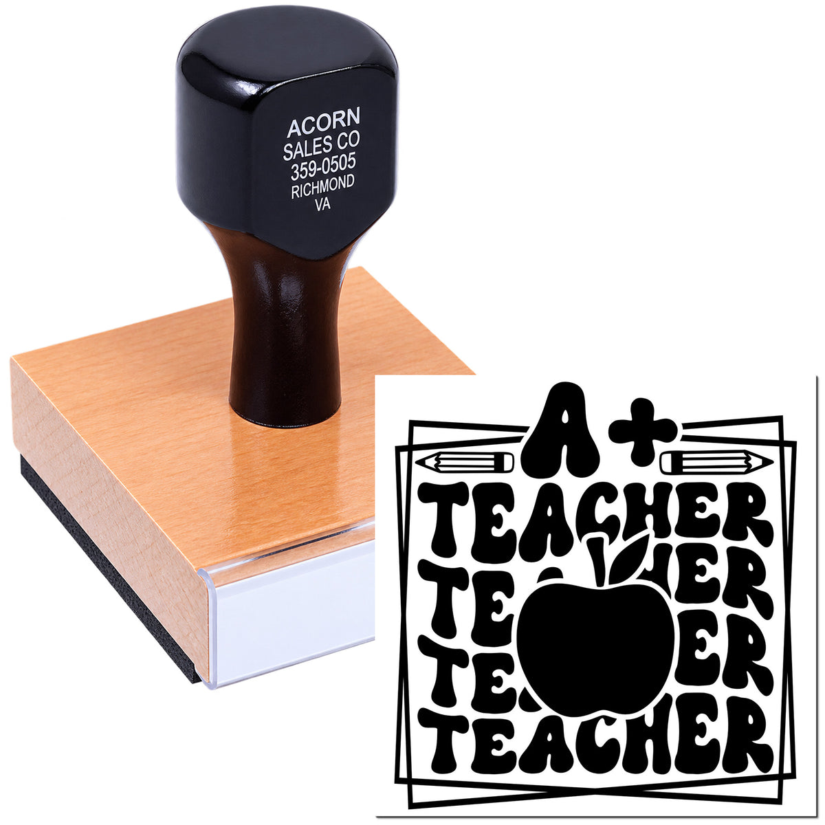 Custom A+ teacher rubber stamp with apple design and wood handle for classroom rewards and grading.