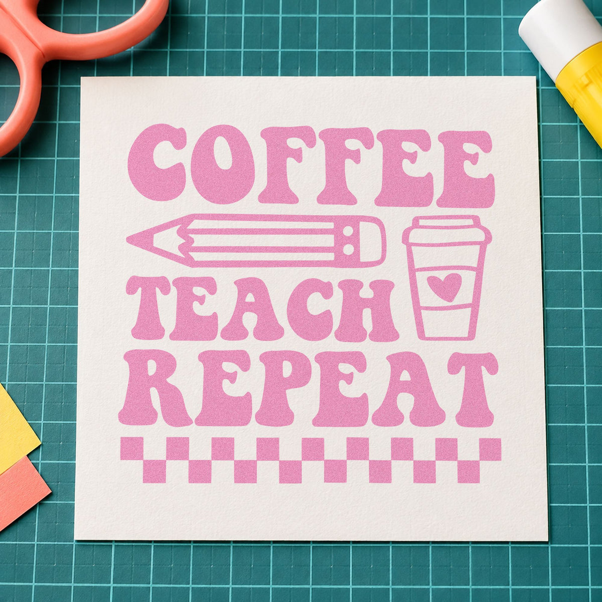 Coffee Teach Repeat craft stamp in purple ink on cardstock, an easy option for breakfast club tags.