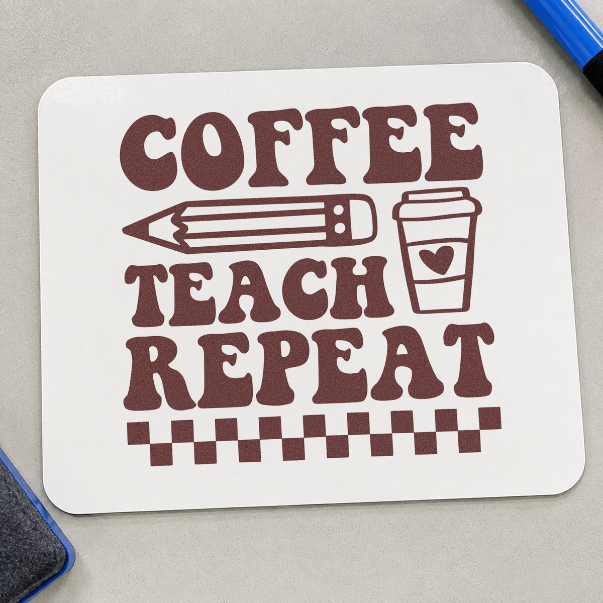 Coffee Teach Repeat rubber stamp printed in brown ink, ready for syrup pump labels and similar paper crafts.