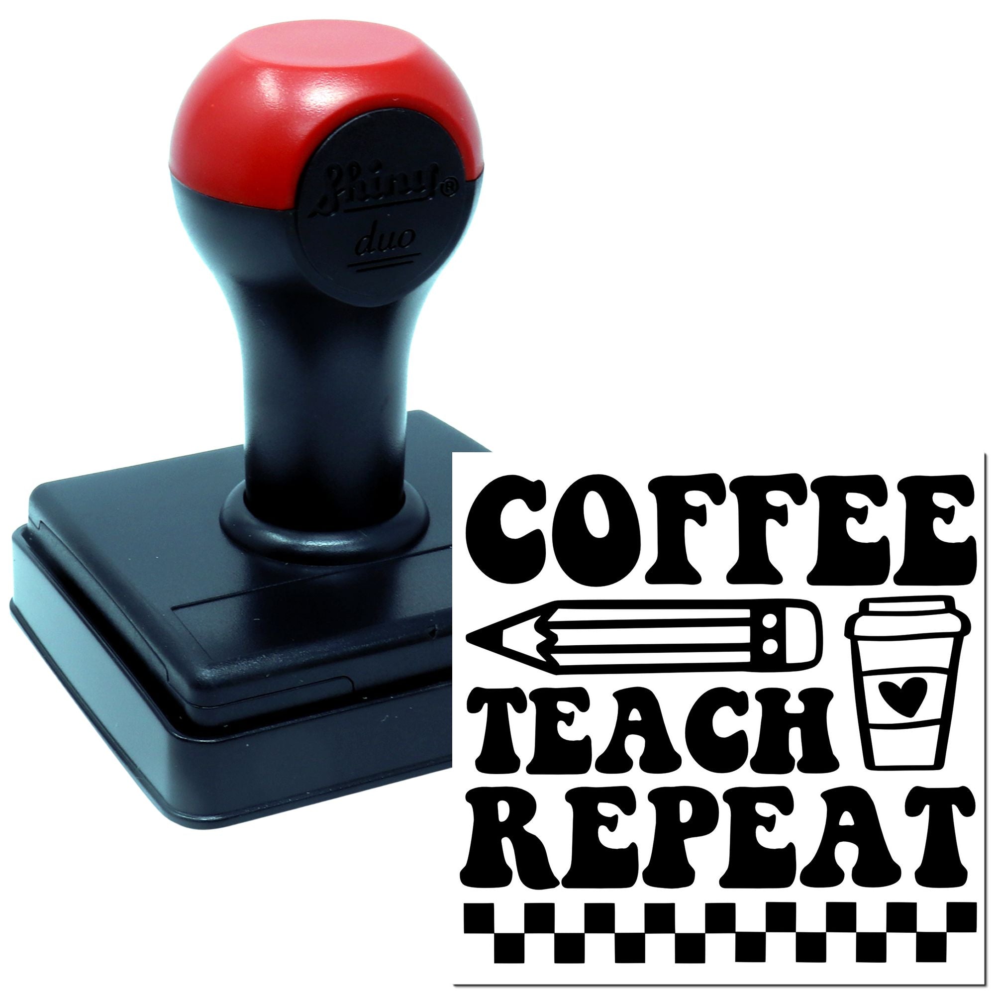Coffee Teach Repeat rubber stamp with pencil and coffee cup design on a self-inking stamp handle.