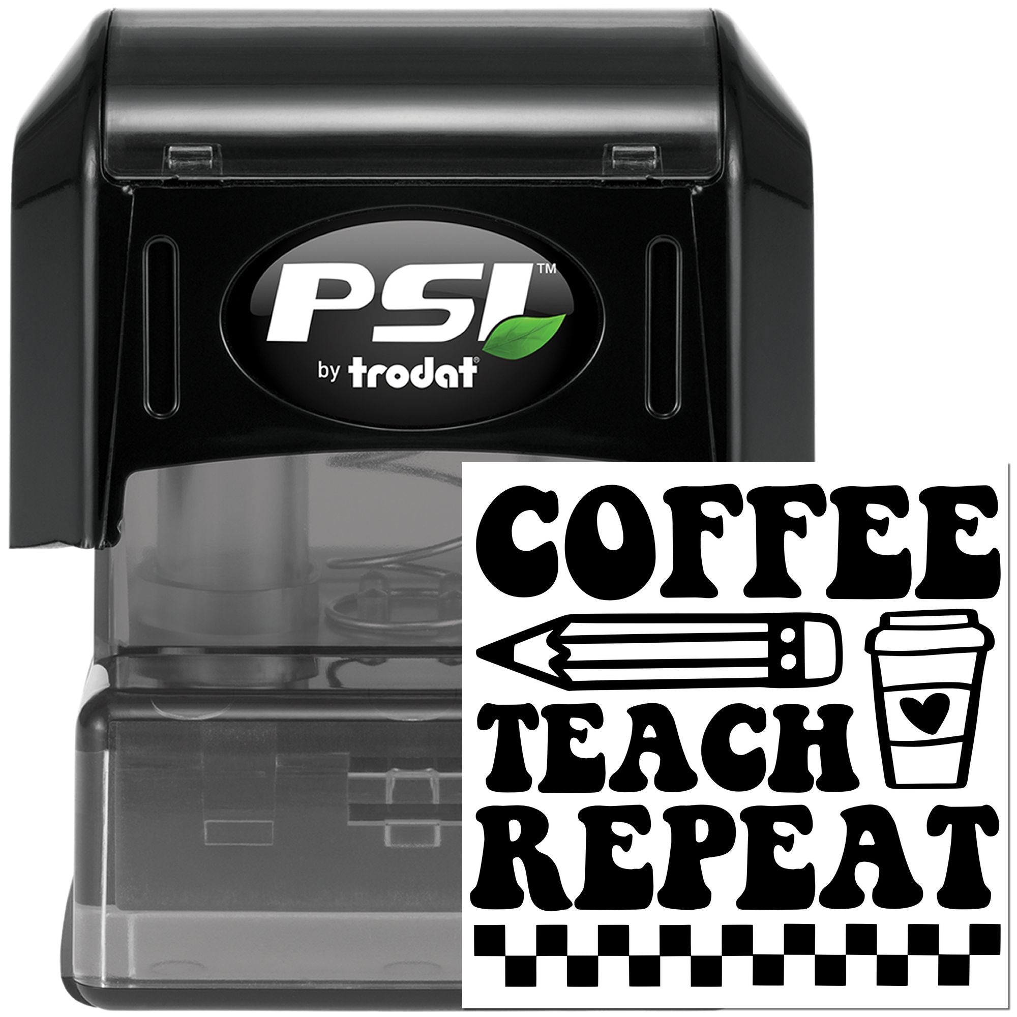Coffee Teach Repeat self-inking rubber stamp by PSI Trodat, ideal for teacher crafts, classroom use, and planner stamping.