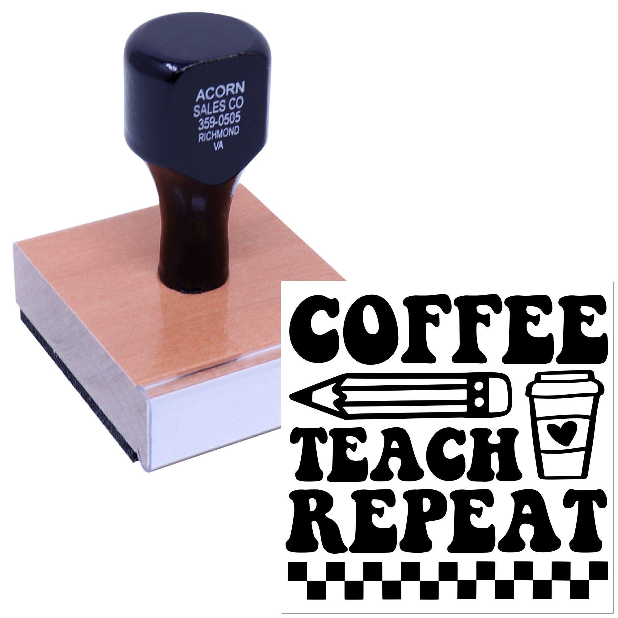 Coffee Teacher Repeat rubber stamp with pencil and coffee cup design, shown on a wooden stamp block for classroom crafts.