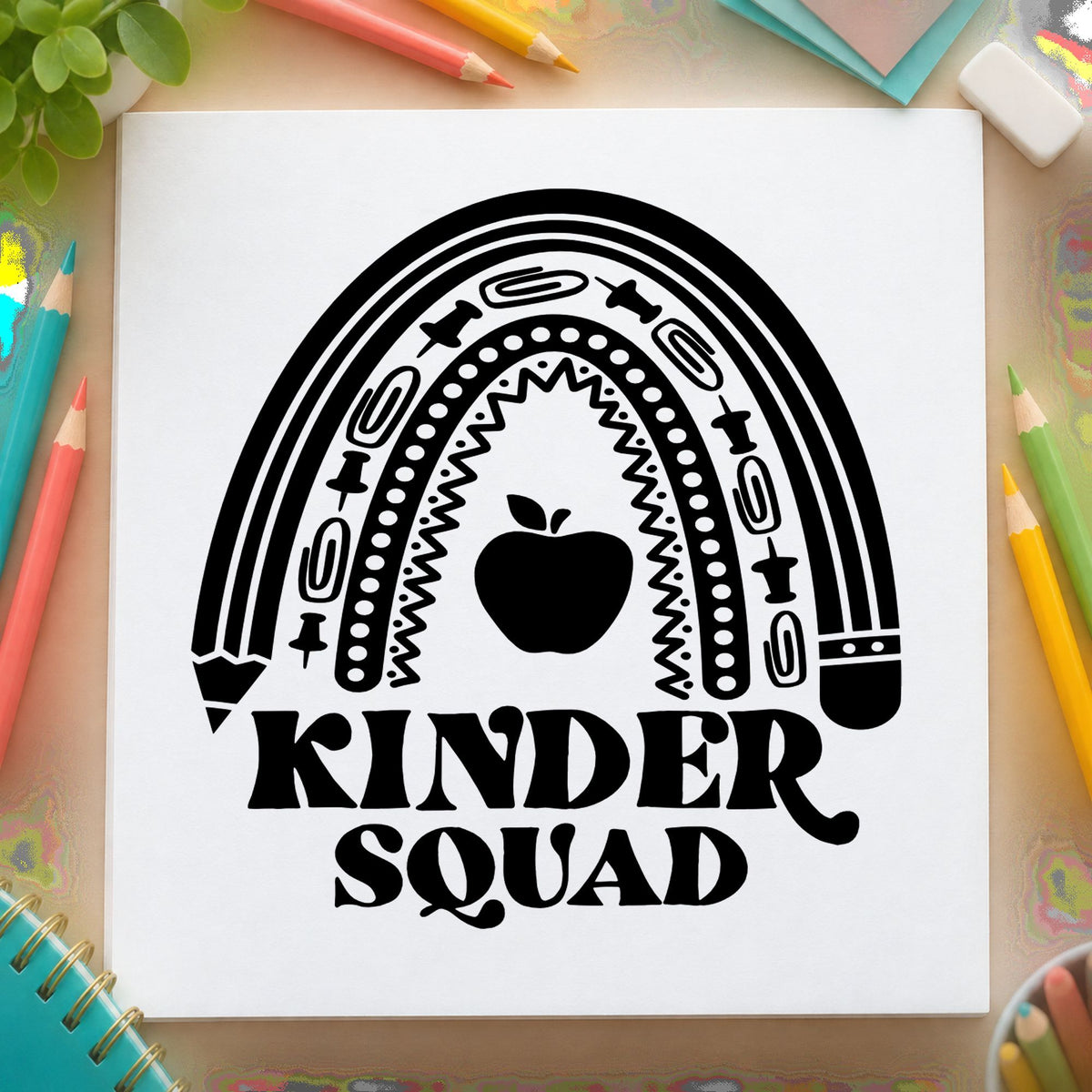 Kinder Squad Rainbow Apple rubber stamp printed in black ink, ready for pencil rainbow cards and similar paper crafts.
