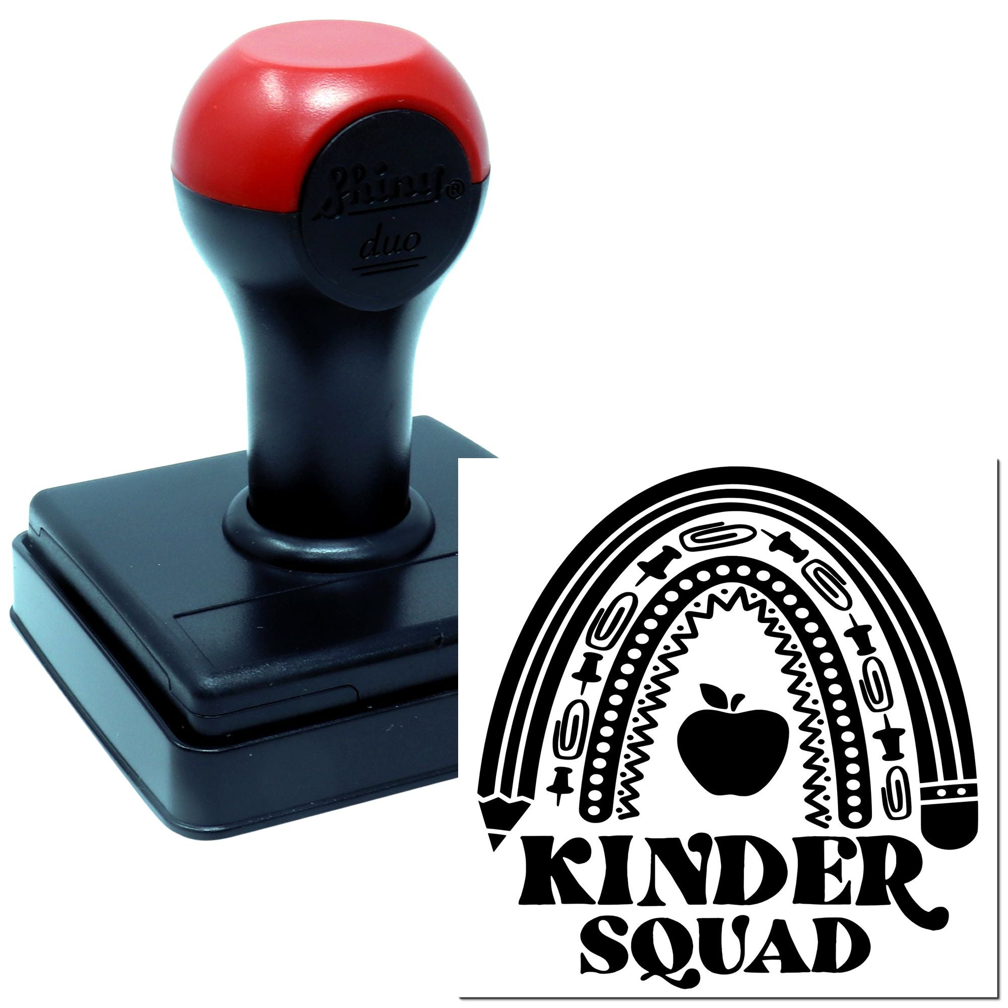 Custom self-inking rubber stamp with Kinder Squad rainbow apple design for kindergarten and teacher use.