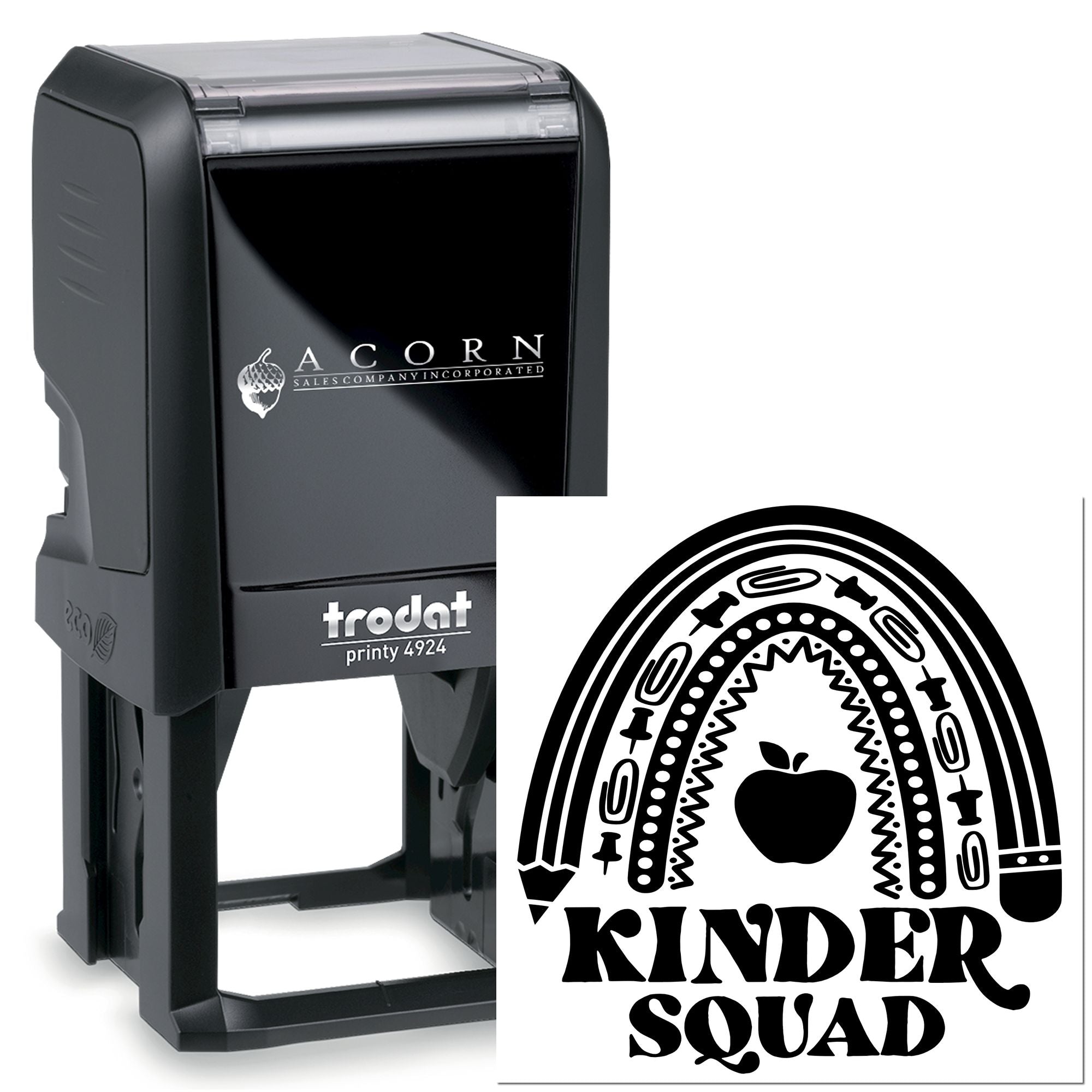 Custom Trodat self-inking rubber stamp with Kinder Squad rainbow apple design for classroom branding