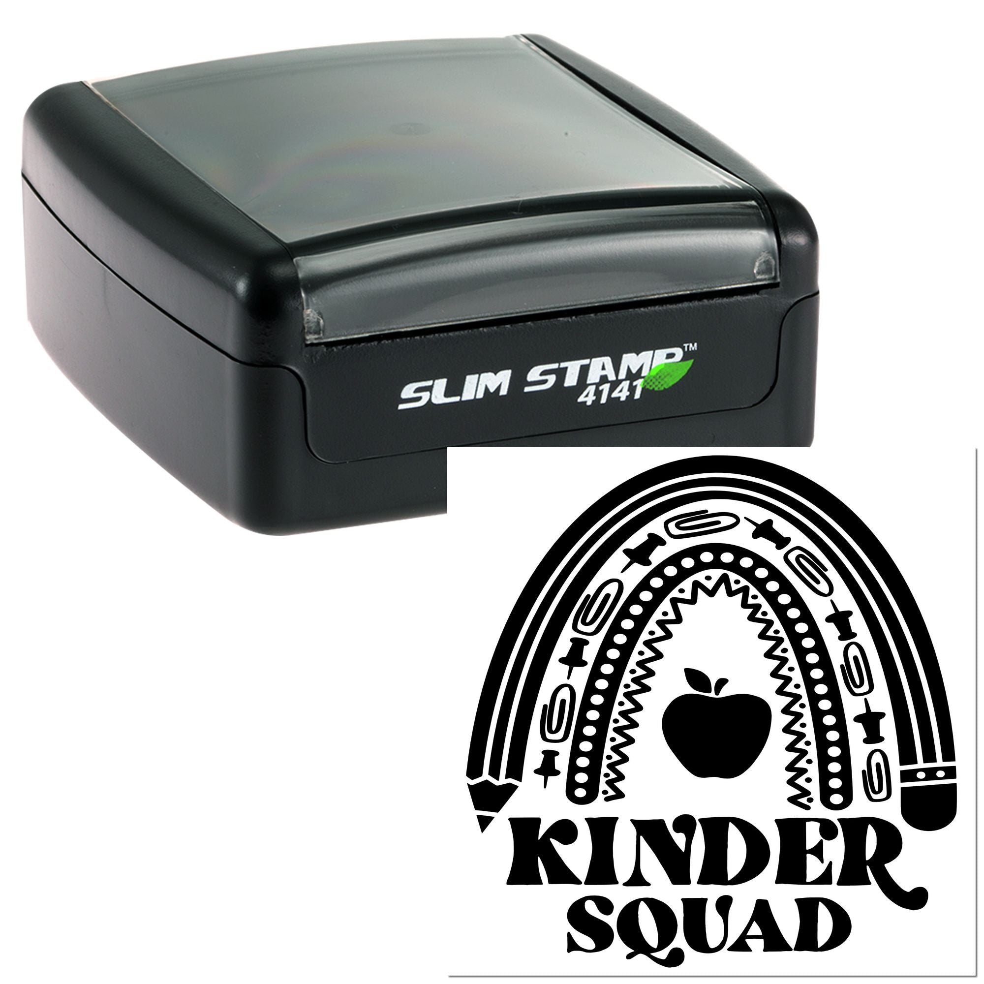 Custom Kinder Squad rubber stamp with rainbow pencil and apple design for teacher classroom use.