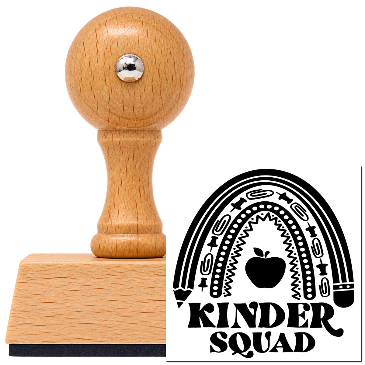 Kinder Squad Rainbow Apple Pencil Vintage Pro rubber stamp in European beech wood with a round knob handle, shown beside its black imprint.