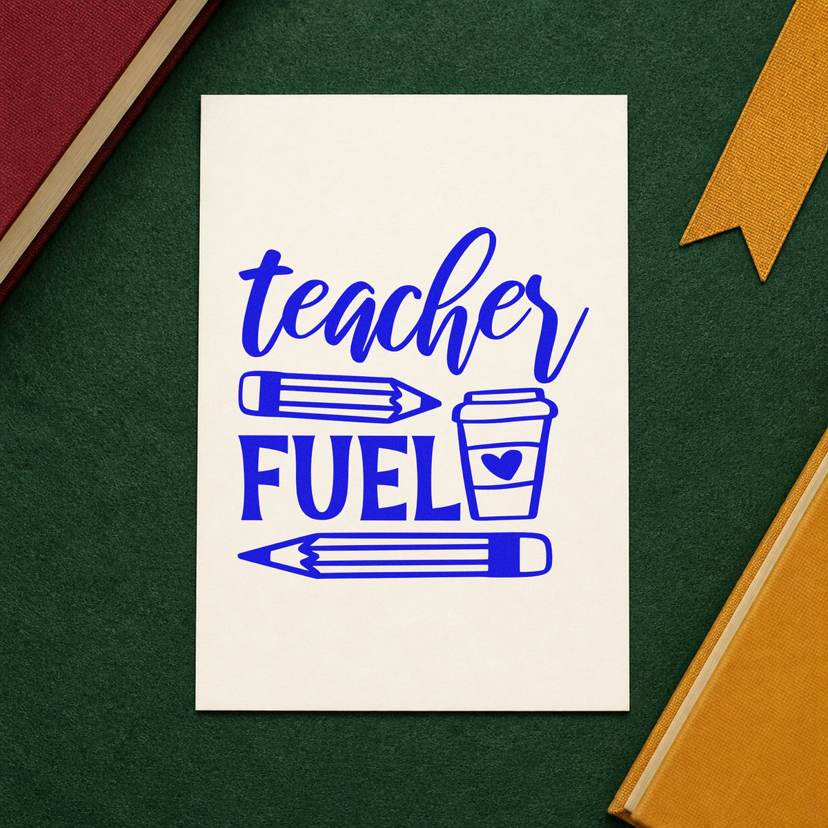 Teacher Fuel Coffee Pencils craft stamp imprinted in blue ink on paper, a design suited to gift box seals.